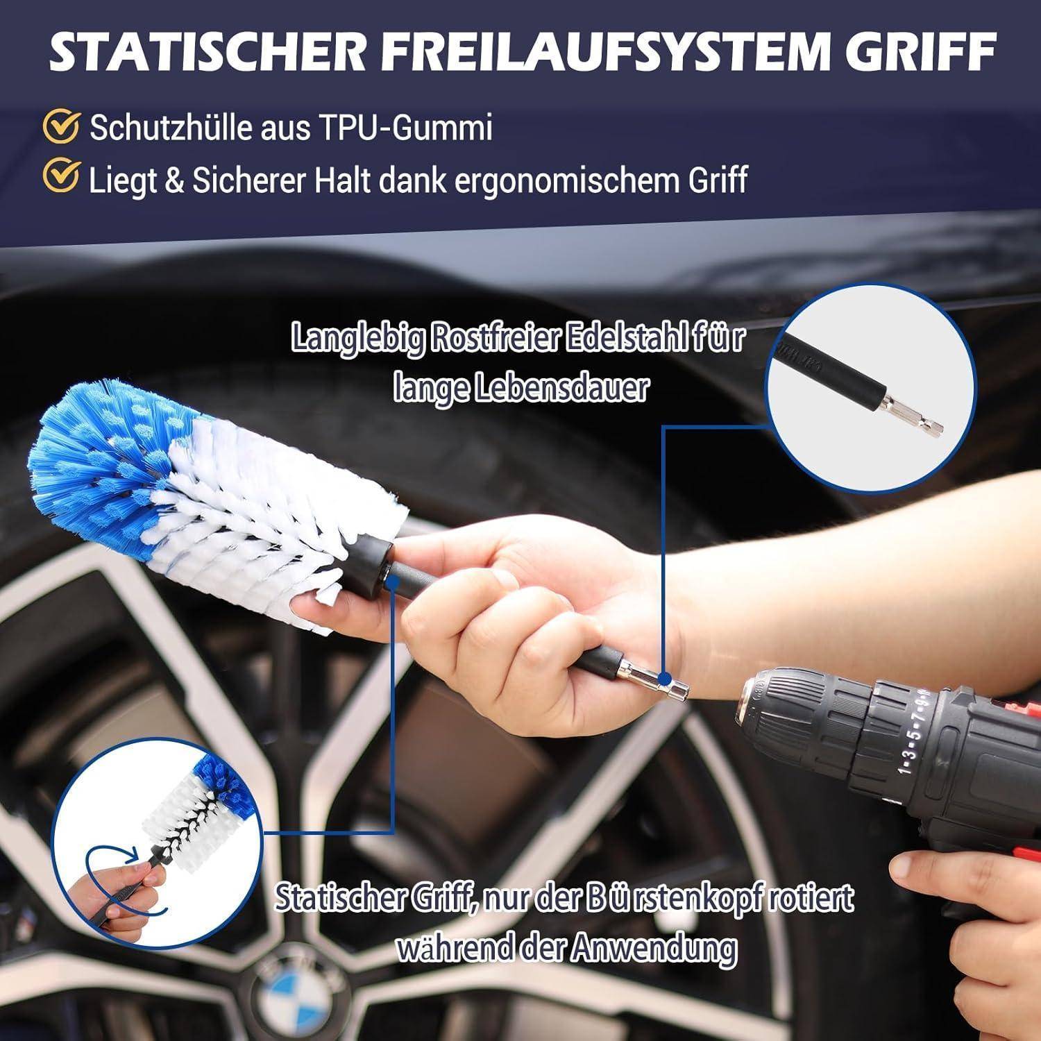 Produktanzeige mit einem statischen Ersatzbürsten-Schleifer für ein Bohraufsatz-Zubehör, mit deutschen Beschriftungen über TPU-Gummigriff, Edelstahlhaltbarkeit und einen Bürstenkopf, der während der Verwendung rotiert.