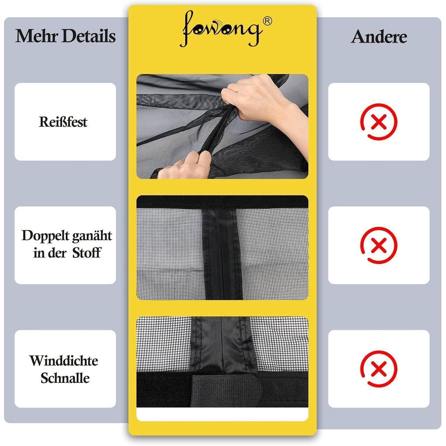 Vergleichsgrafik, die einen Fowong-Netzstoff mit Merkmalen auf der linken Seite zeigt: reißfest, doppelt genäht und winddichter Verschluss; die rechte Seite kennzeichnet diese mit roten X-Symbolen als nicht anwendbar.