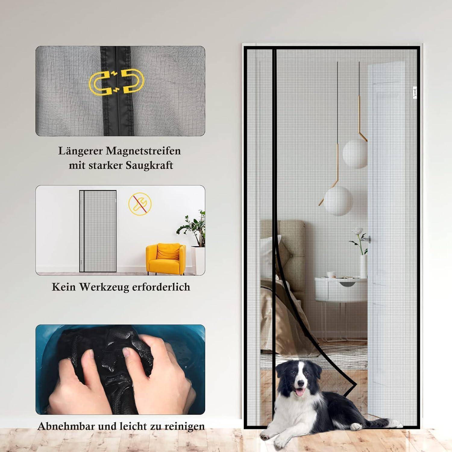 Magnetische Fliegengittertür mit starkem Magnetstreifen, kein Werkzeug erforderlich, abnehmbar und leicht zu reinigen.