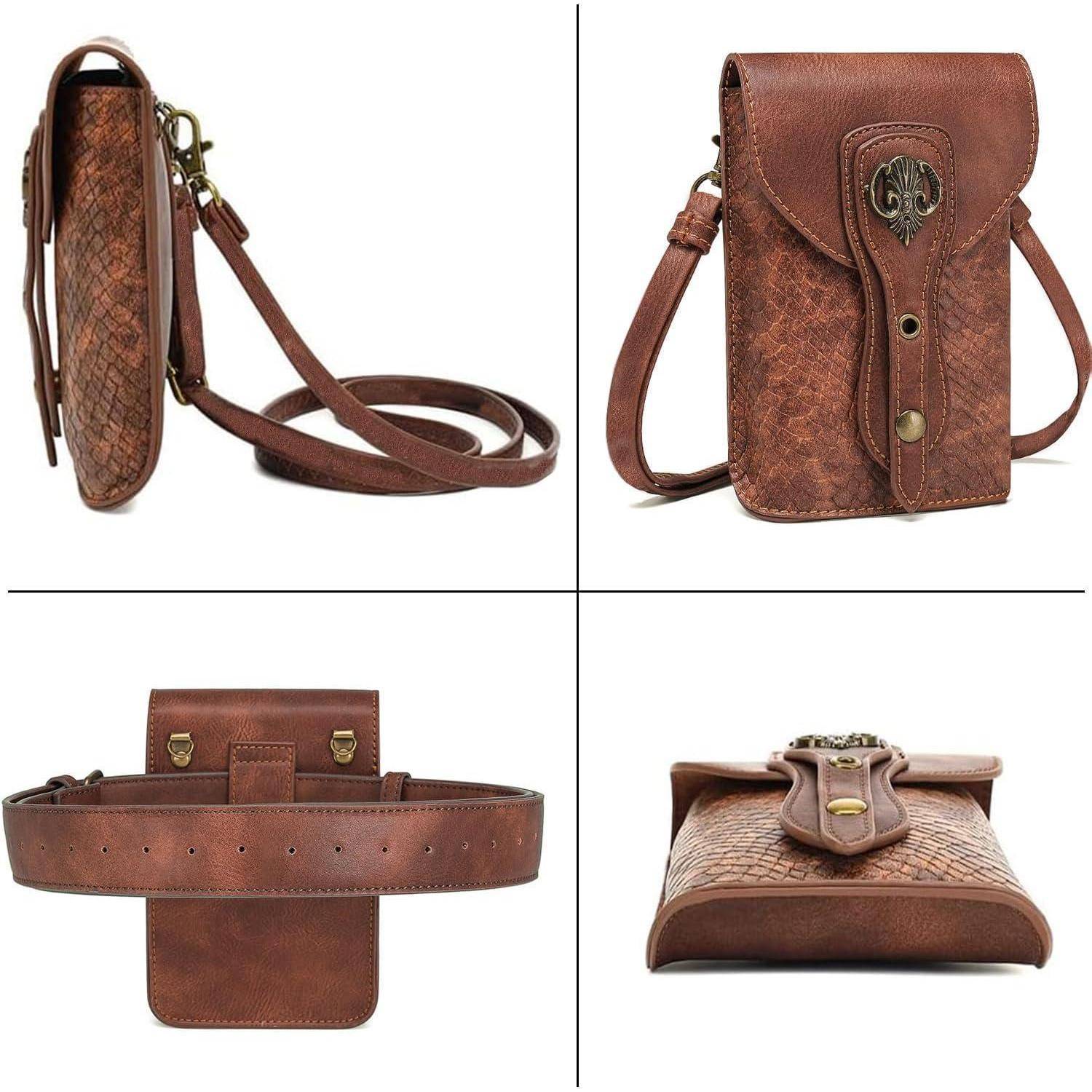 Vier Ansichten einer braunen Ledertasche zum Umhängen mit verstellbarem Riemen und Verschluss mit Vorderseiten-Klappe, gezeigt von der Seite, von vorne, von hinten und von oben.