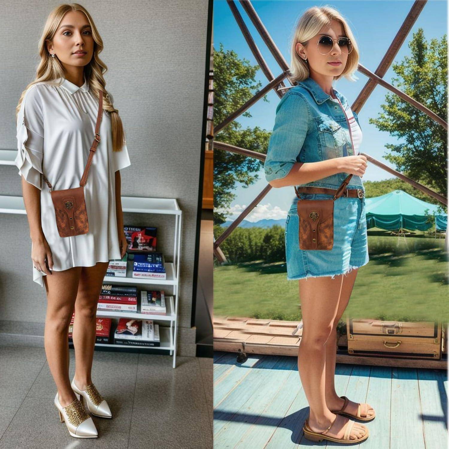 Split-Screen-Modefoto einer Frau, die eine braune Ledertasche mit Schultergurt trägt: drinnen in einem weißen Kleid und Absatzschuhen, draußen in Jeans und Sandalen.