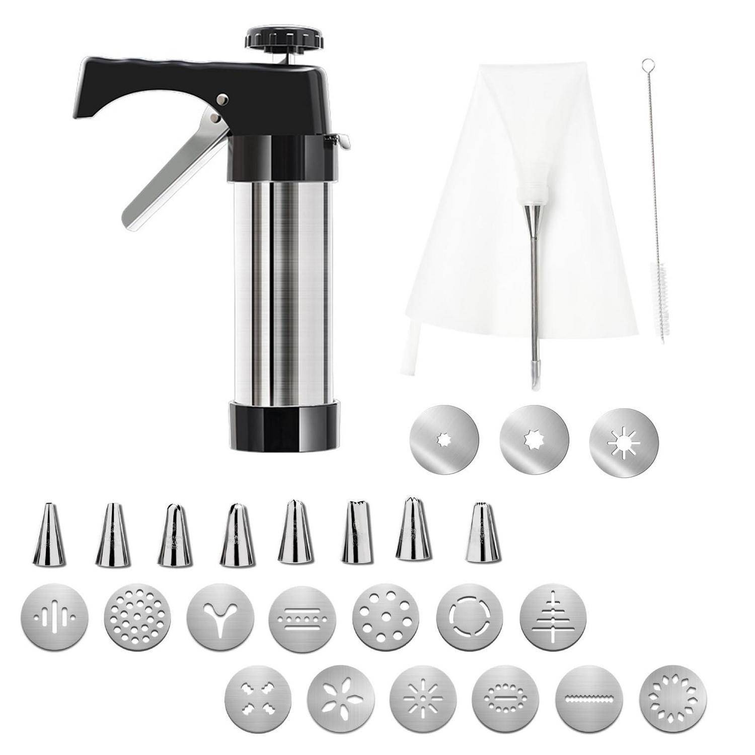 Metall-Spritzbeutel-Set mit Quetschspender, Reinigungsbürste, Stofftasche und mehreren Dekorieraufsätzen und Scheiben zum Verzieren von Kuchenguss.