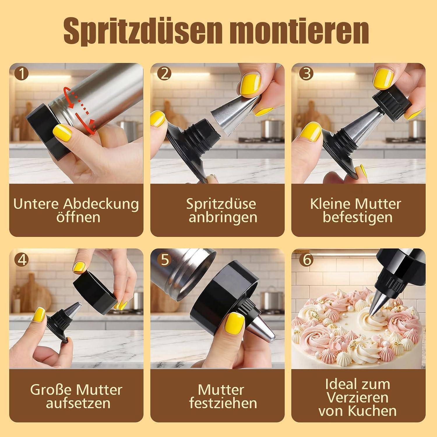 Instruktive Grafik zum Anbringen einer Spritztülle: Untere Abdeckung öffnen, Tülle einführen, kleine und große Muttern sichern, festziehen, dann zum Verzieren von Kuchen verwenden.