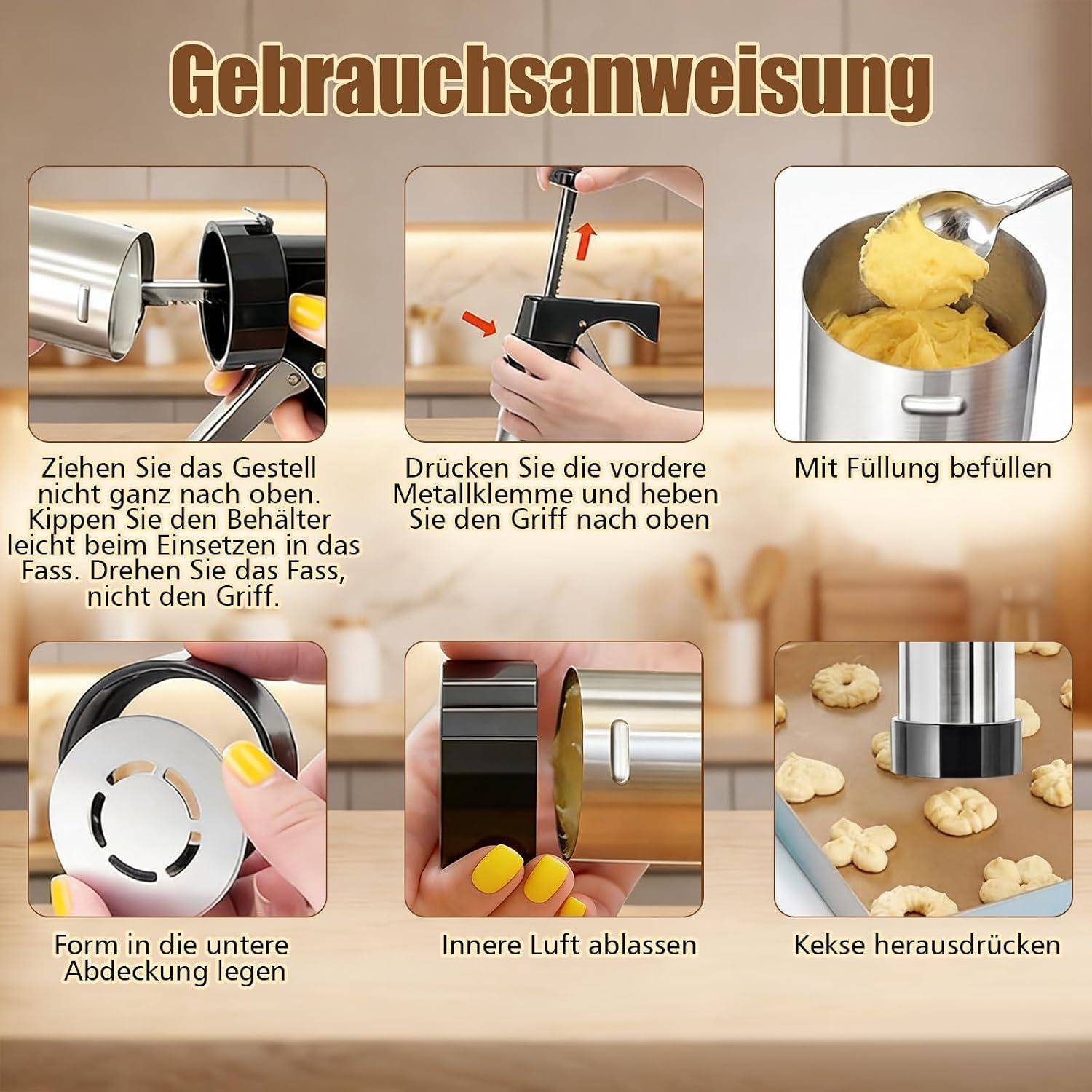 Gebäckpresse Edelstahl mit 16 Schablonen & 8 Tüllen
