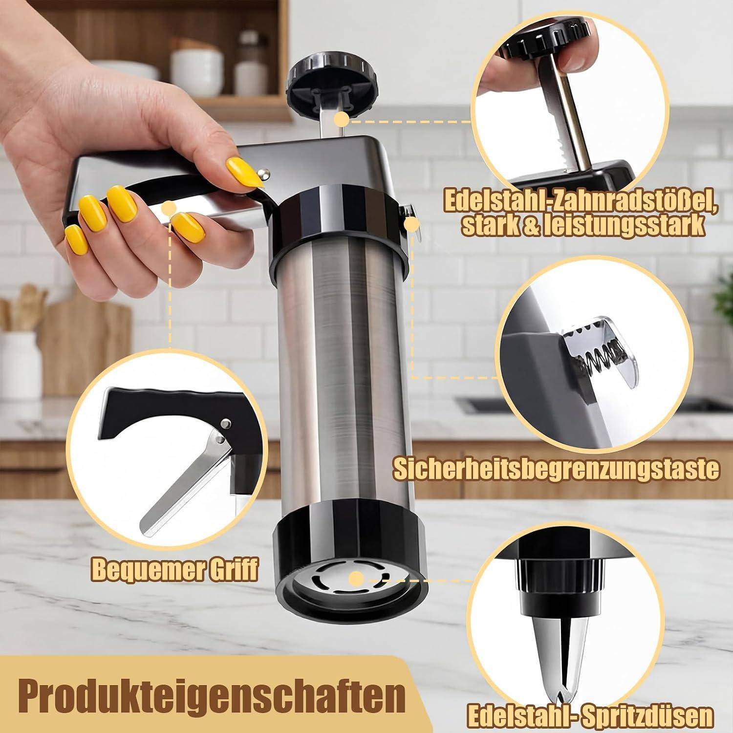 Gebäckpresse Edelstahl mit 16 Schablonen & 8 Tüllen