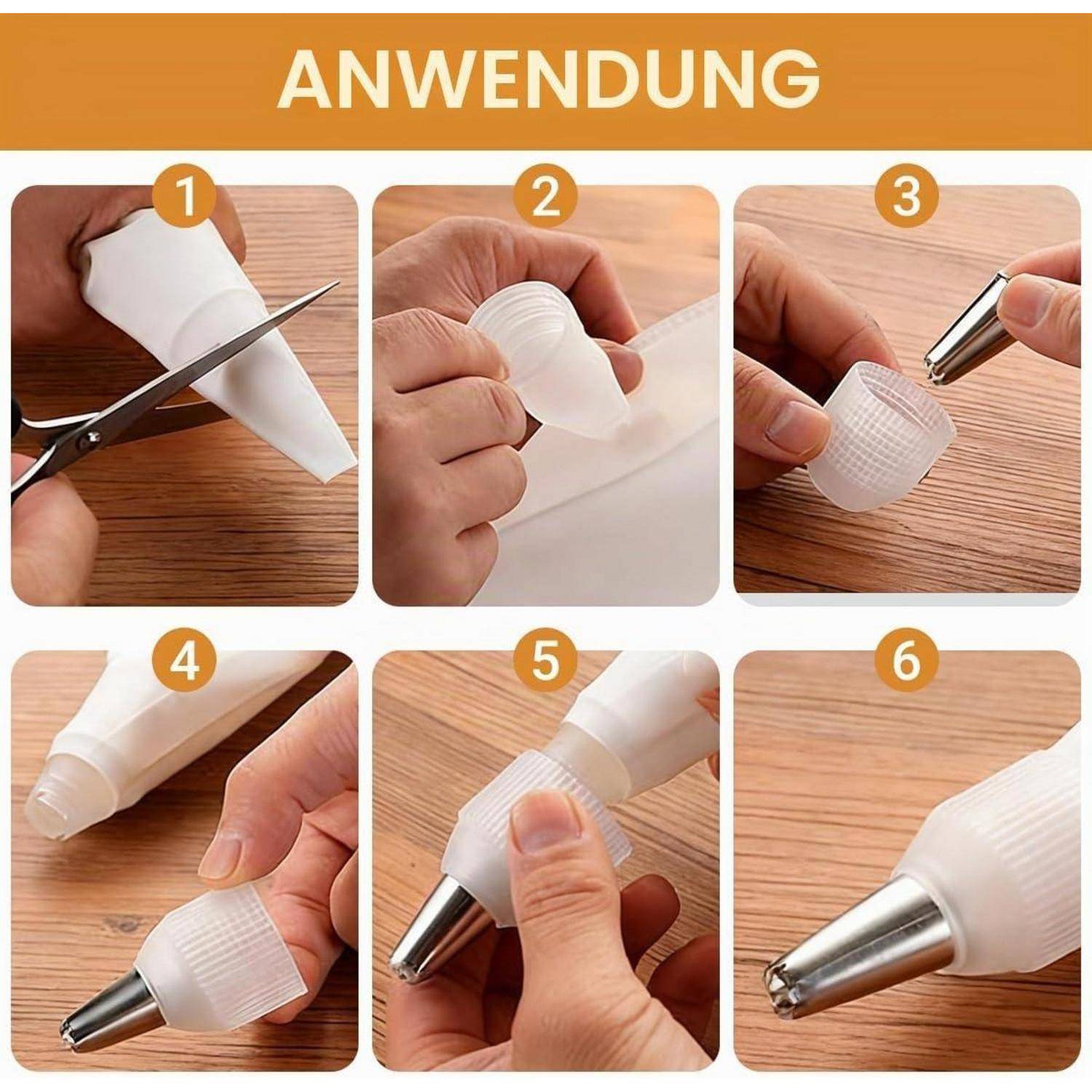 Sechsteilige Abbildung mit der Bezeichnung „ANWENDUNG