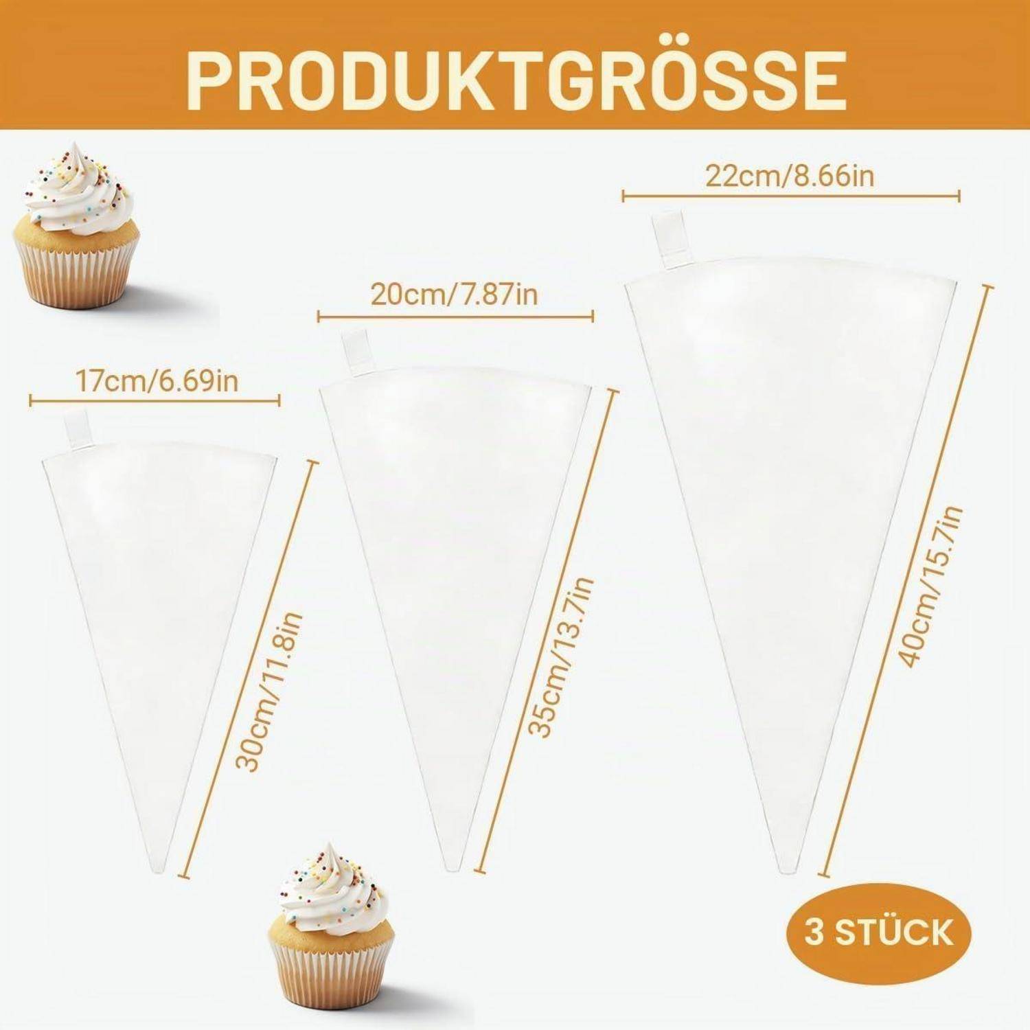 Größentabelle für Produkt für drei Spritzbeutel: 17 cm x 30 cm, 20 cm x 35 cm und 22 cm x 40 cm; das Etikett sagt „3 STÜCK