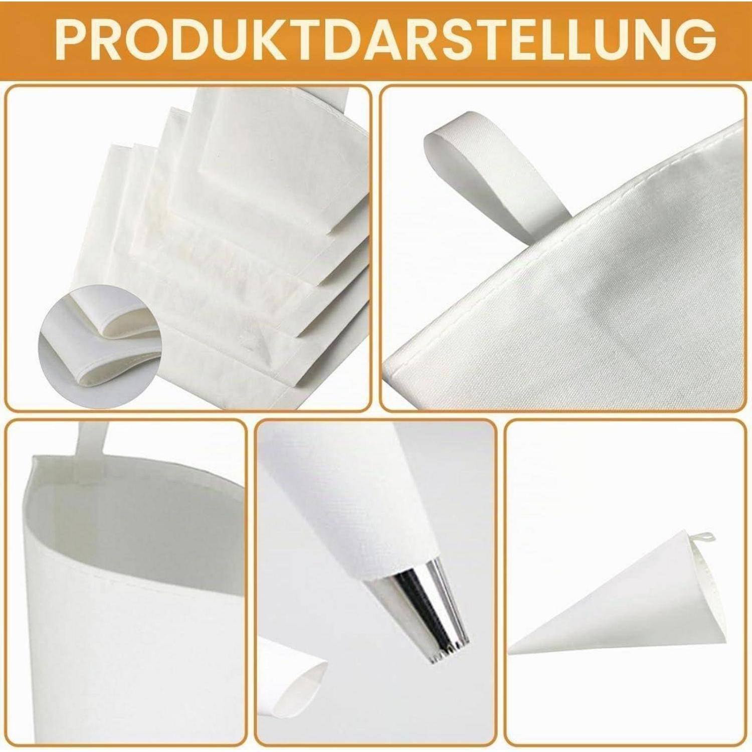 Kollage zeigt weiße Stofffiltertaschen in mehreren Nahaufnahmen, einschließlich offener Oberteile, Nähte und eine kegelförmige Tasche.