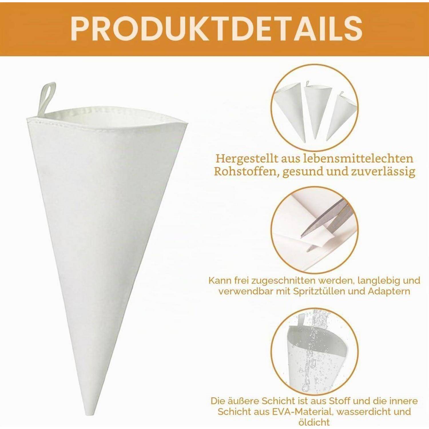 Produktdetails-Bild mit einer weißen Spritzbeutel. Der deutsche Text besagt, dass er aus lebensmittelgerechten Materialien hergestellt ist, auf die gewünschte Größe zugeschnitten werden kann, langlebig ist und über eine wasserdichte äußere und innere Schicht verfügt.