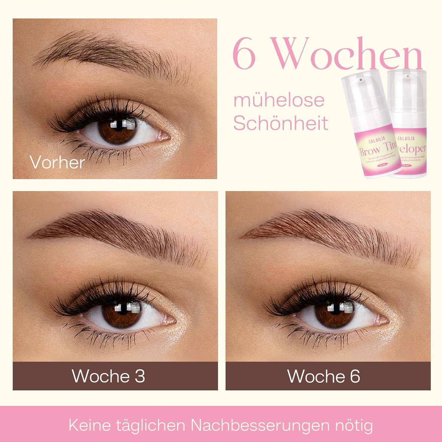 Vorher-und-nachher Augenbrauenwachstums-Collage, die „6 Wochen mühelose Schönheit