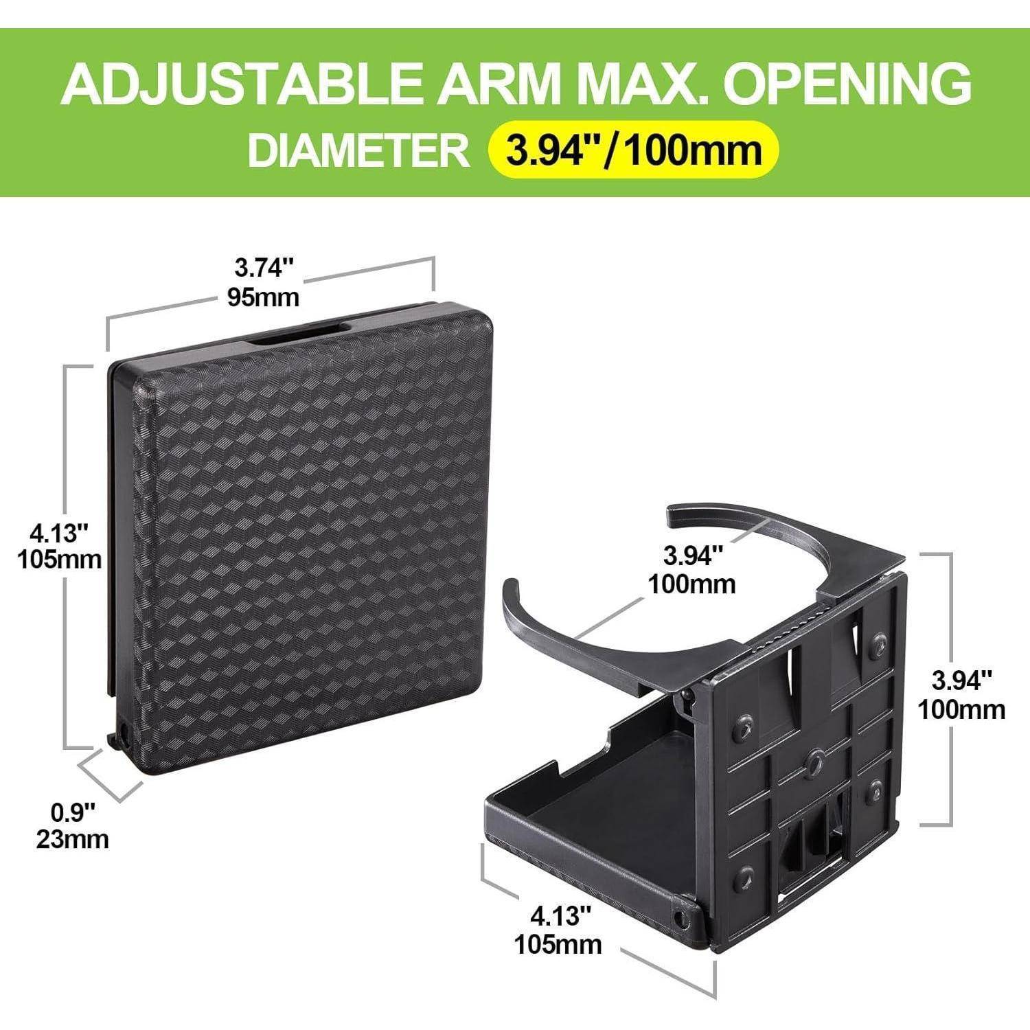 Diagramm einer verstellbaren Armklemme mit maximaler Öffnungsweite 3,94 Zoll/100 mm, mit Abmessungen 4,13 Zoll x 3,74 Zoll x 0,9 Zoll und 4,13 Zoll x 3,94 Zoll