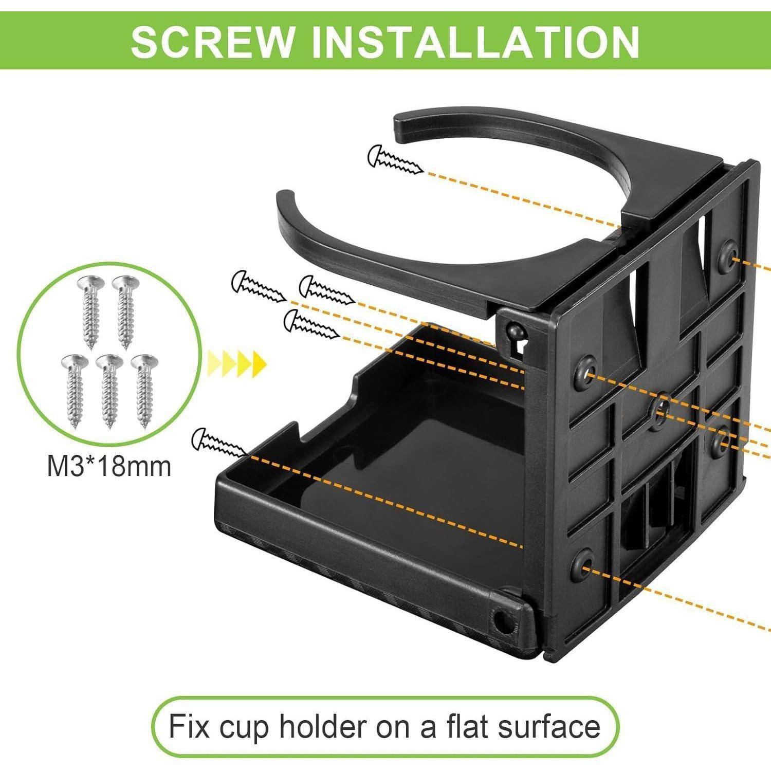 Diagramm zur Schraubeninstallation für einen Becherhalter, mit M3*18mm Schrauben und Anweisungen zum Befestigen des Halters auf einer ebenen Fläche.