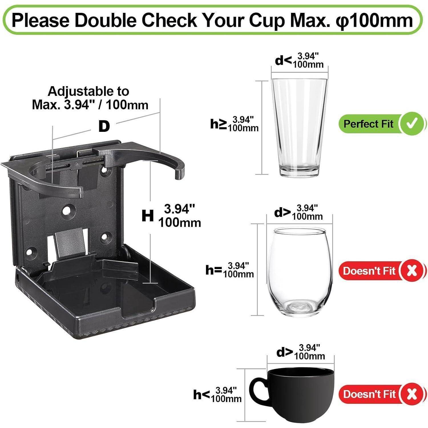 Getränkehalter-Größenleitfaden: verstellbar auf maximal 3,94 Zoll/100 mm; hohe schmale Tasse passt, kurzes breites Glas und Becher passen nicht.