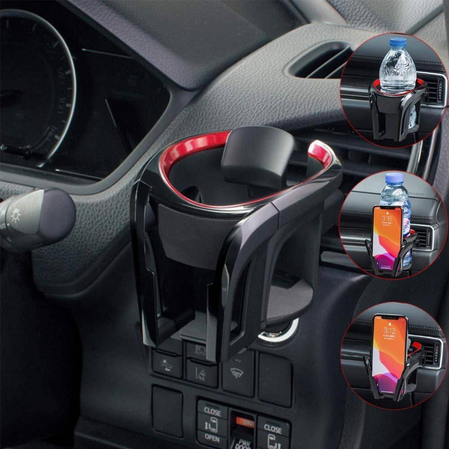 Getränkehalter für die Autolüftung mit verstellbarer Halterung, abgebildet mit einer Wasserflasche und einem Smartphone neben dem Armaturenbrett.