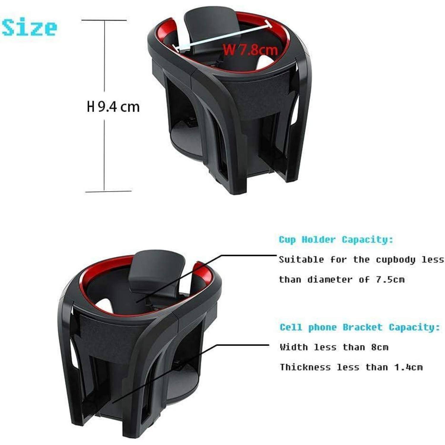 Größentabelle für eine Auto-Getränkehalter-Telefonhalterung: Höhe H 9,4 cm, Breite W 7,8 cm; passt für Becher unter 7,5 cm, Telefone unter 8 cm Breite und 1,4 cm Dicke.