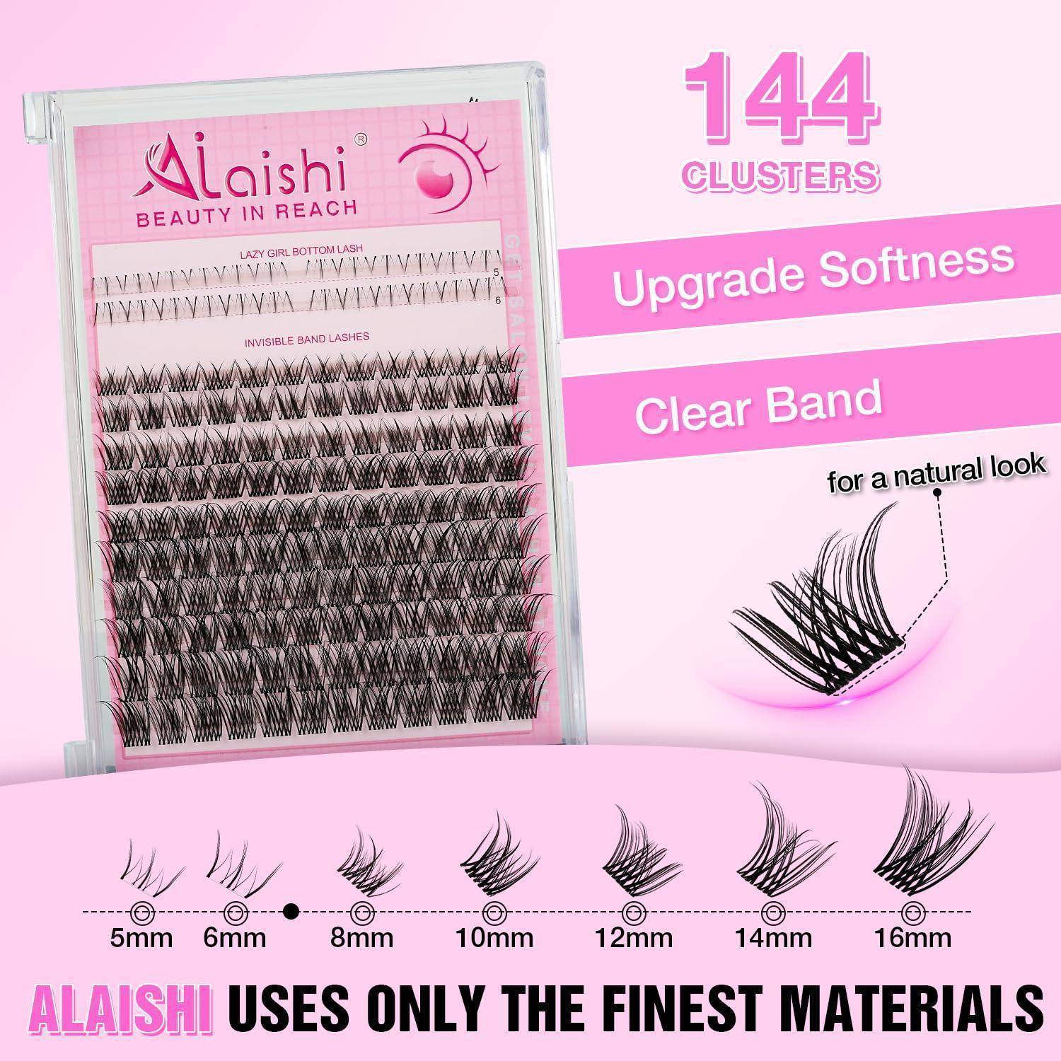Pink Alaishi Wimpernverpackung mit falschen Wimpern zeigt 144 Cluster, transparentes Band und Wimpernlängen von 5 mm bis 16 mm.