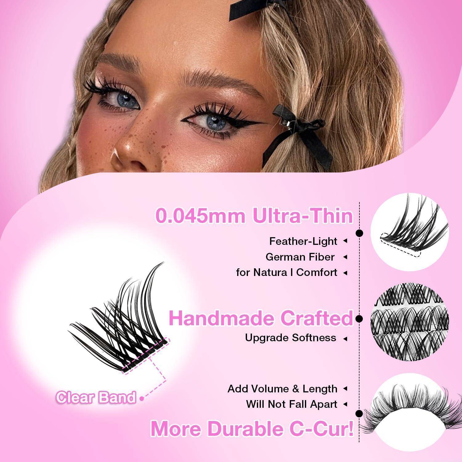 Werbegrafikfür künstliche Wimpern mit einer Nahaufnahme des Auges und der Wimpern eines Modells, die „0,045 mm Ultra-dünn