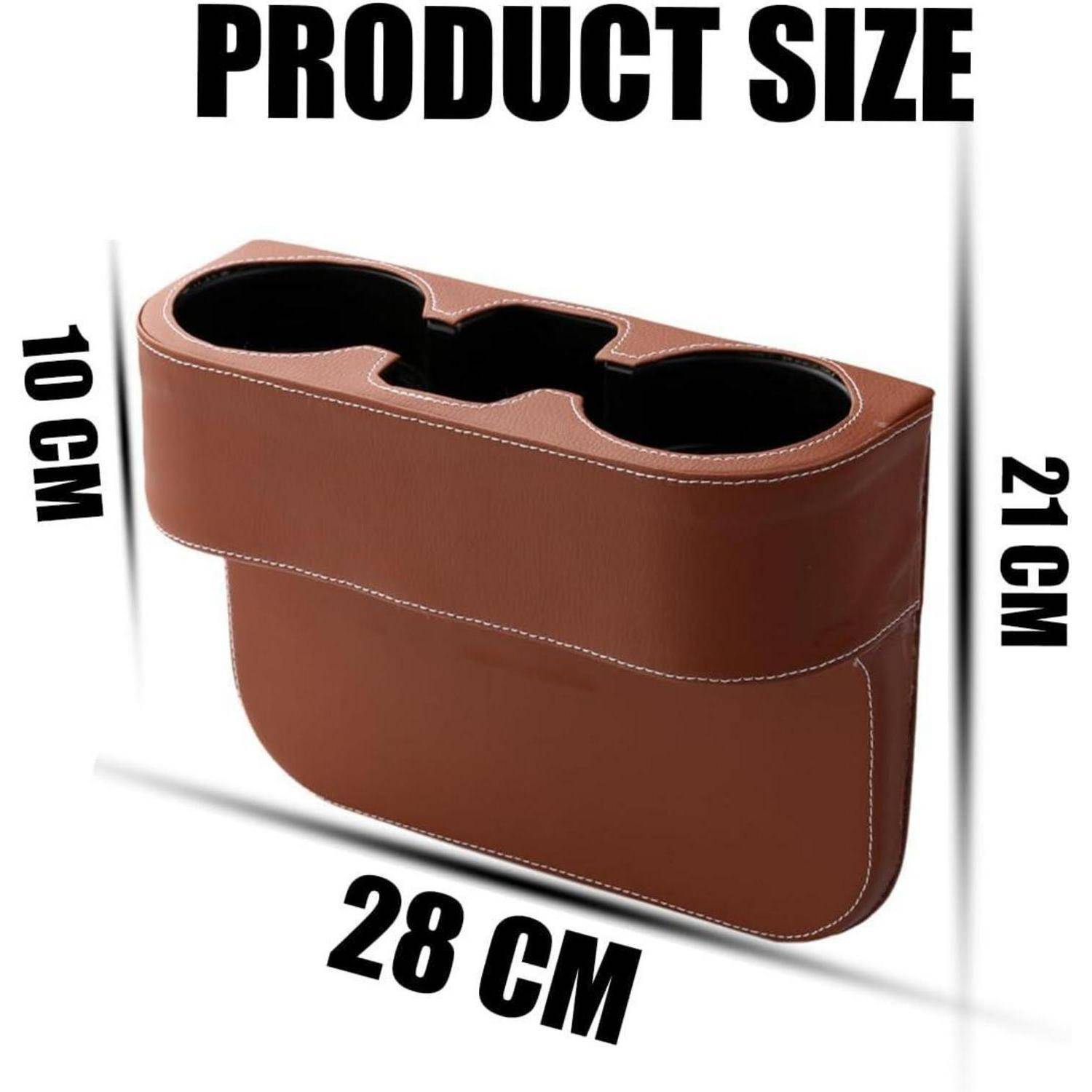 Größendiagramm einer braunen Lederbecher-Halter-Einsatz: 28 cm breit, 21 cm hoch, 10 cm tief.