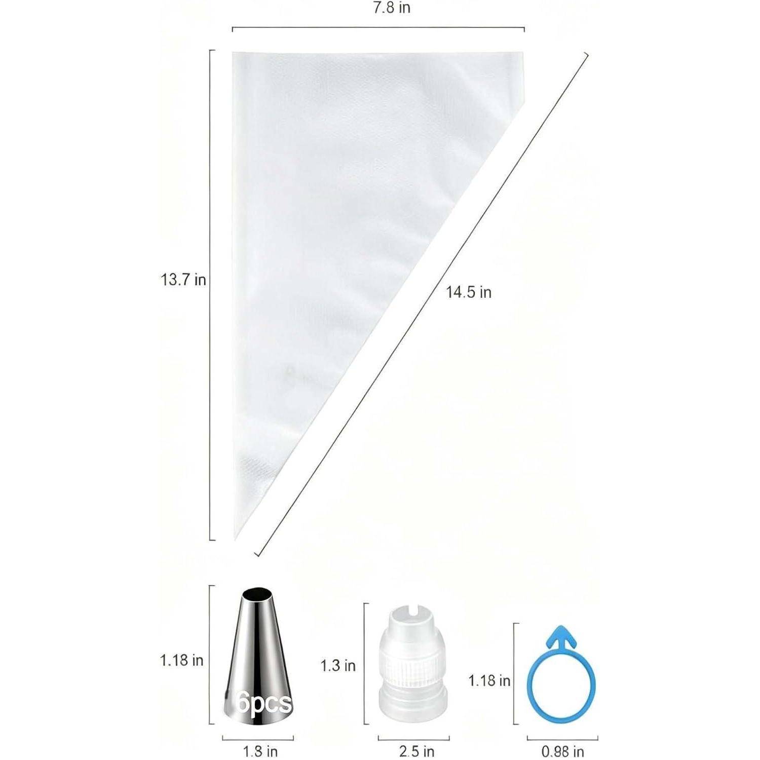 Diagramm einer dreieckigen Spritzbeutel, mit den Abmessungen 13,7 Zoll mal 7,8 Zoll mal 14,5 Zoll, plus enthaltene Metallspitze, Kunststoffkupplung und 6 Dekorationsklipse.