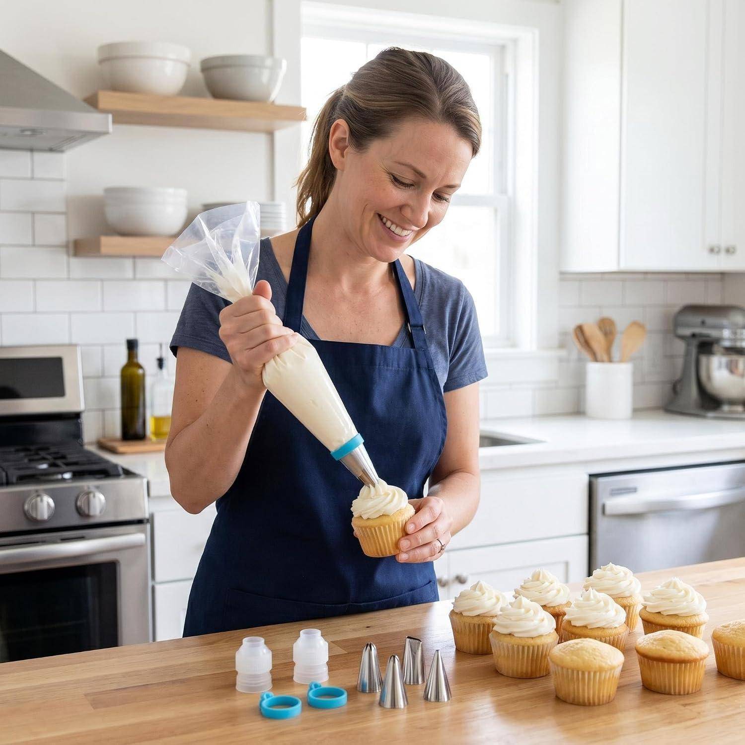 Eine Frau in einer Küche spritzt weiße Glasur mit einer Spritztülle auf einen Cupcake, während mehrere gefrostete und ungefrostete Cupcakes sowie Dekorationswerkzeuge auf der Arbeitsplatte stehen.