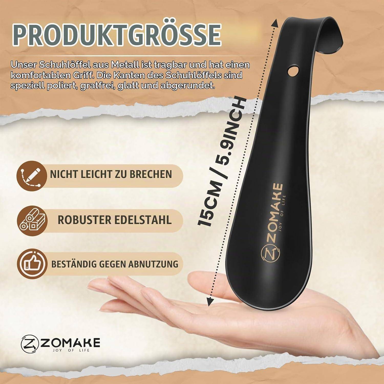 Produktgrößengrafik mit einem schwarzen Metallschuhanzieher, 15 cm (5,9 Zoll) lang, mit deutschem Text, der robustes Edelstahl, Verschleißfestigkeit und einen bequemen Griff hervorhebt.