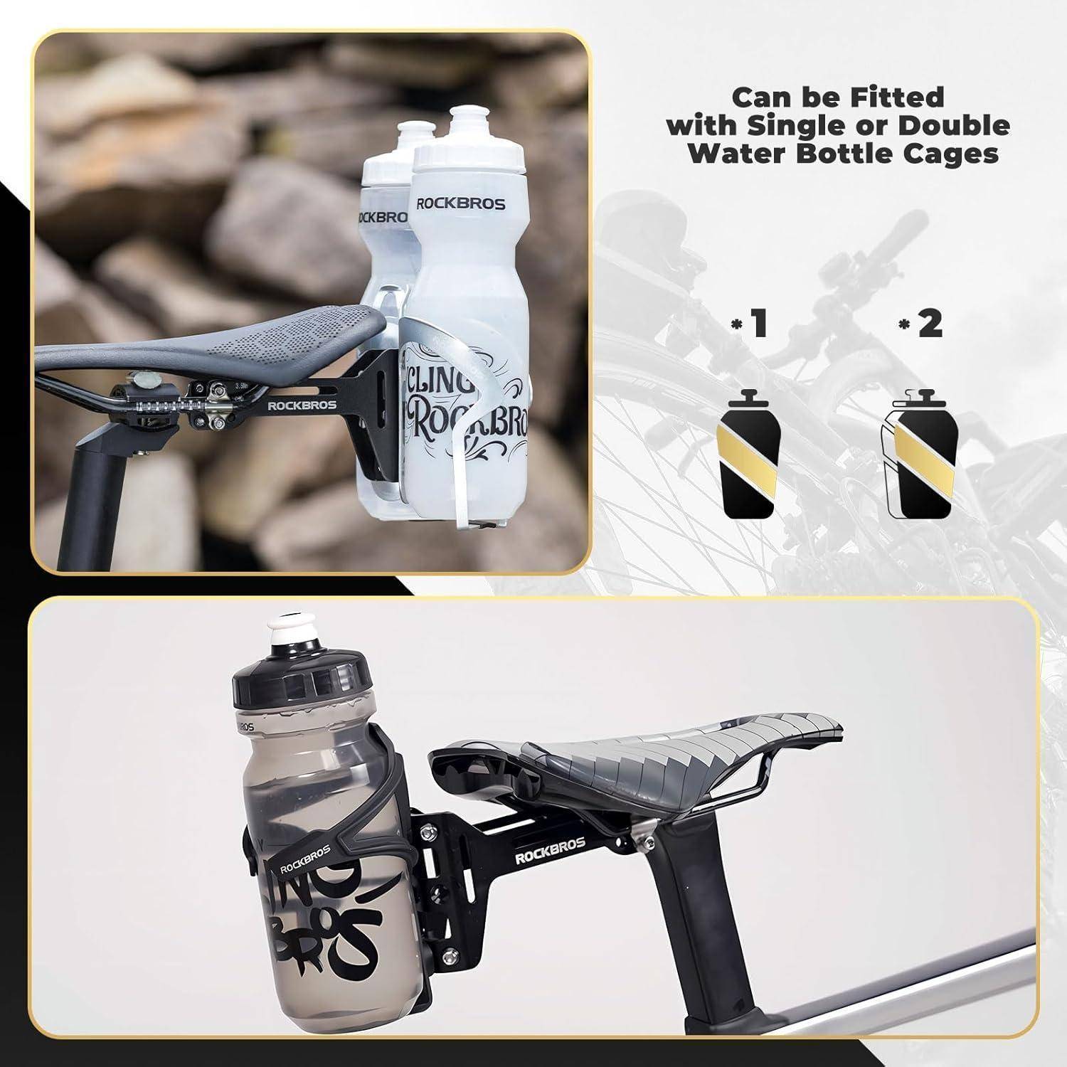 Werbebild zeigt einen ROCKBROS Fahrradsattel-montierten Flaschenhalter, der eine oder zwei Wasserflaschen hält, mit Etiketten, die die Kompatibilität mit Einzel- oder Doppelflaschenhaltern anzeigen.