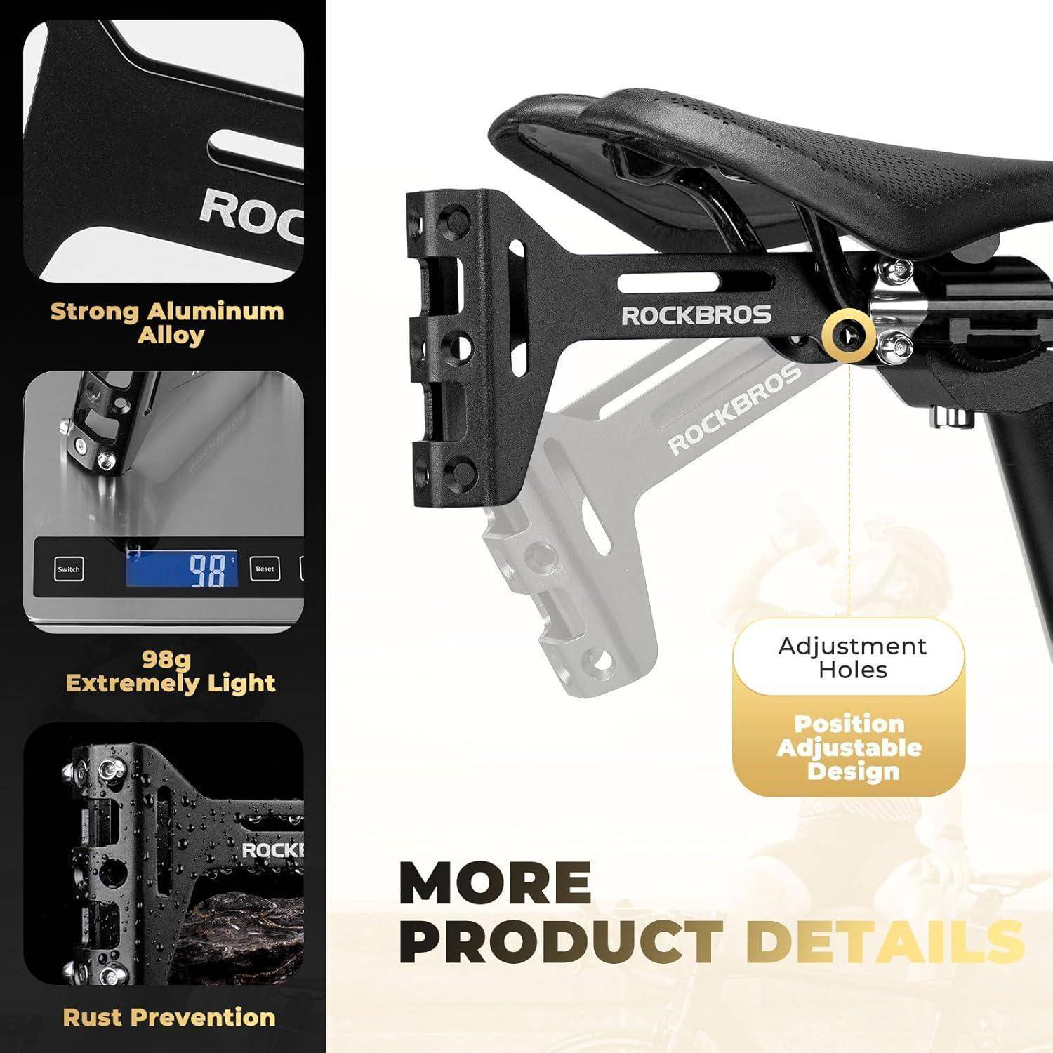 Werbeprodukbild einer ROCKBROS Fahrradsattelstützenhalterung aus starker Aluminium-Legierung, 98g Gewicht, Rostschutz und verstellbare Befestigungslöcher.