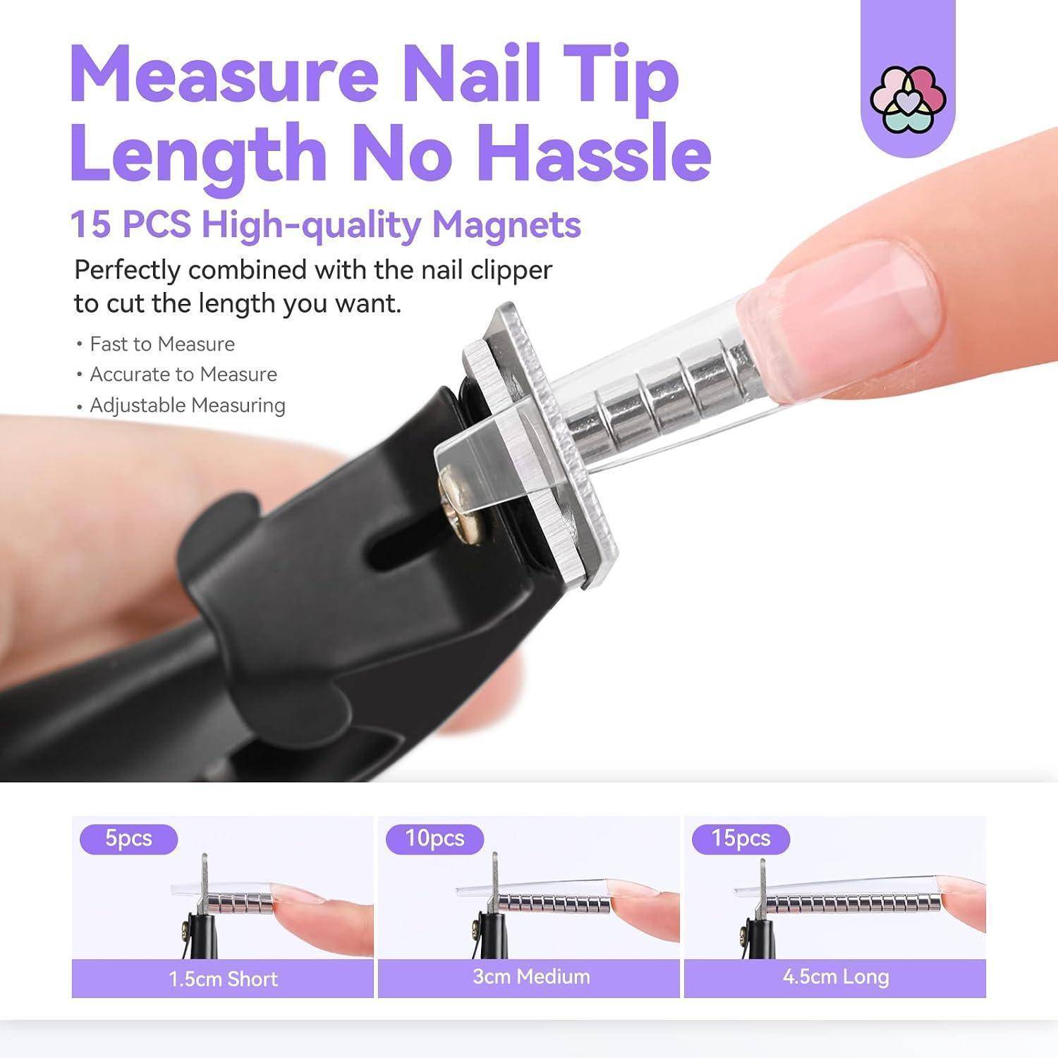 Produktgrafik, die einen an einer Nagelfeile befestigten Nagelspitzenlängen-Messer zeigt, mit dem Text „Nagelspitzenlänge messen, ganz einfach