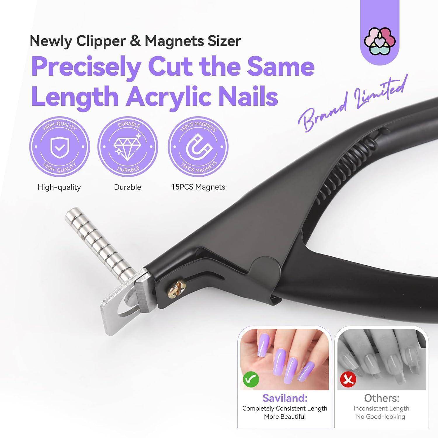 Werbebild einer Nagelschere und eines Magnetgrößengeräts für Kunstnägel mit der Beschriftung „Präzise schneiden Sie Kunstnägel auf die gleiche Länge
