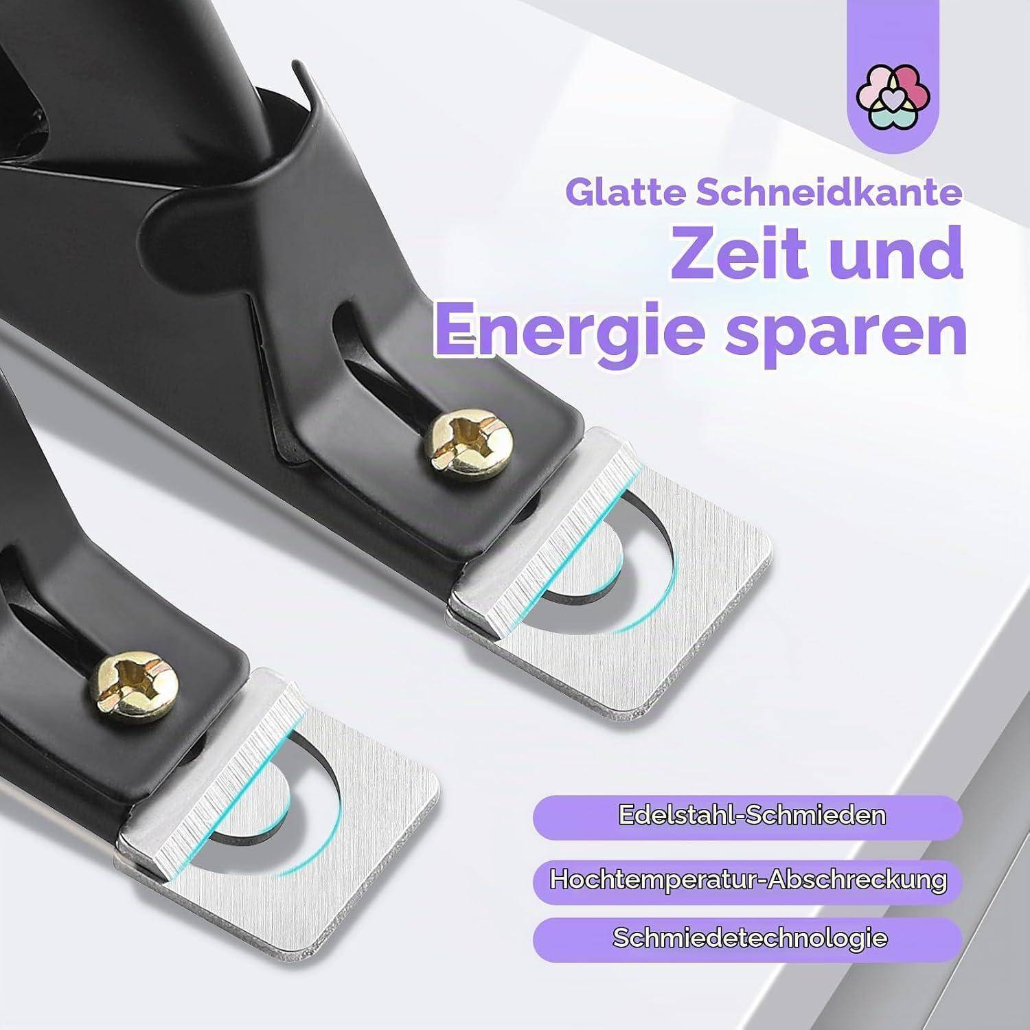 Nahaufnahme von zwei schwarzen Metallscheren auf einer weißen Oberfläche, mit deutschem Text „Glatte Schneidkante