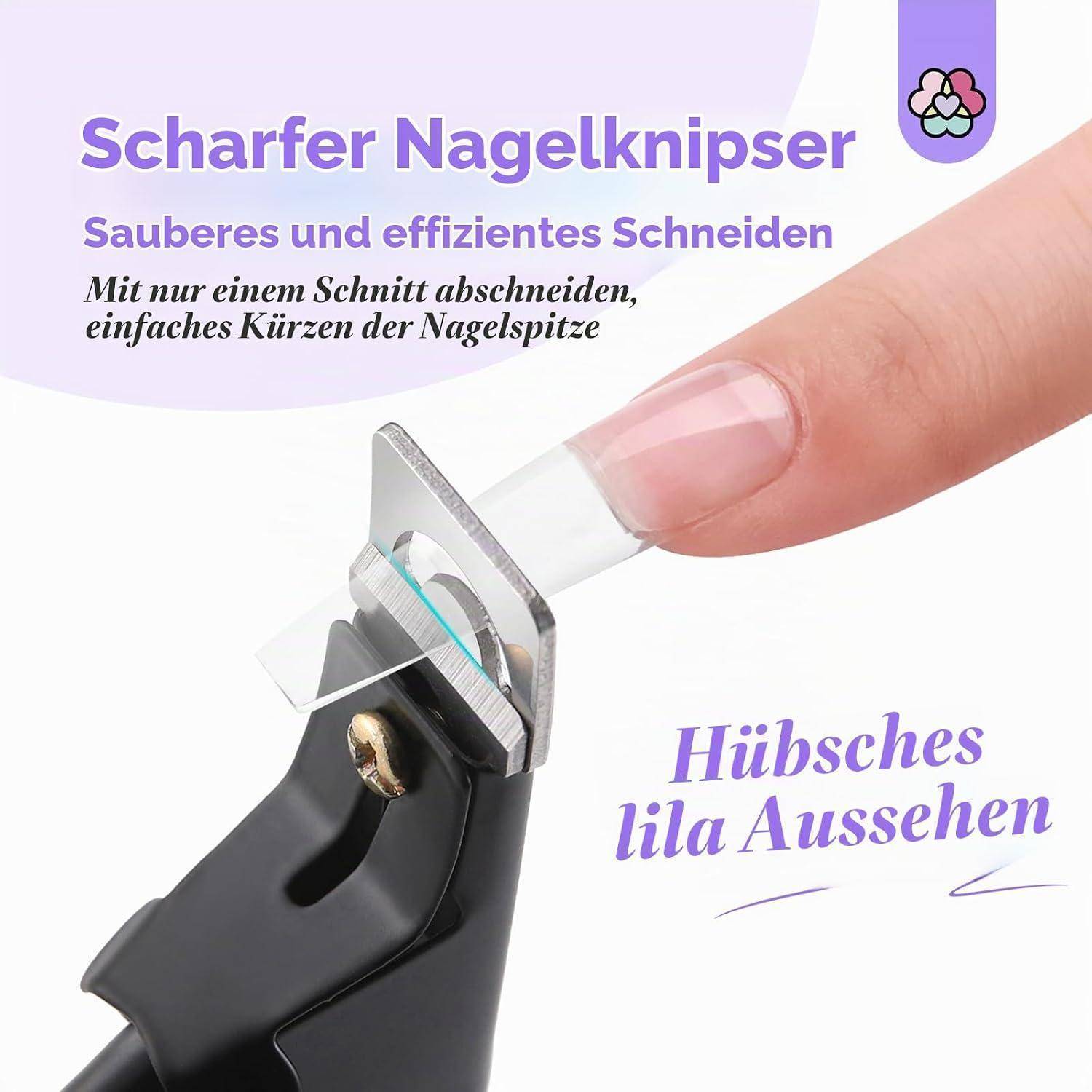 Anzeige für einen violetten Nagelknipser, der eine Kunstnagel-Spitze schneidet, beschriftet auf Deutsch mit 