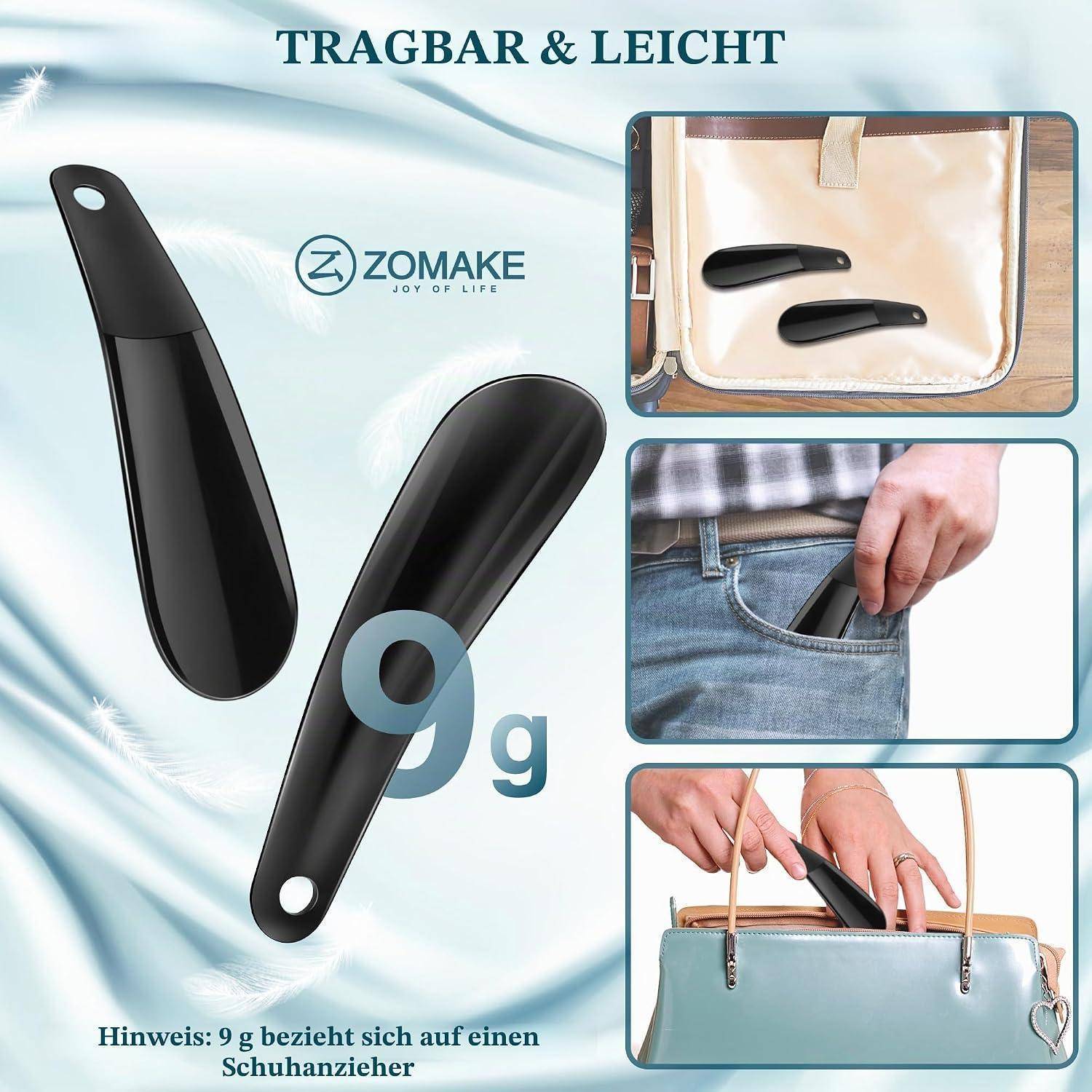 Werbegrafik für ZOMAKE, die einen leichten 9 g schwarzen Schuhanzieher zeigt, mit Nahaufnahmen davon in einer Tasche verstaut, in eine Jeanstasche gesteckt und mit einer Handtasche verwendet; der Text besagt 