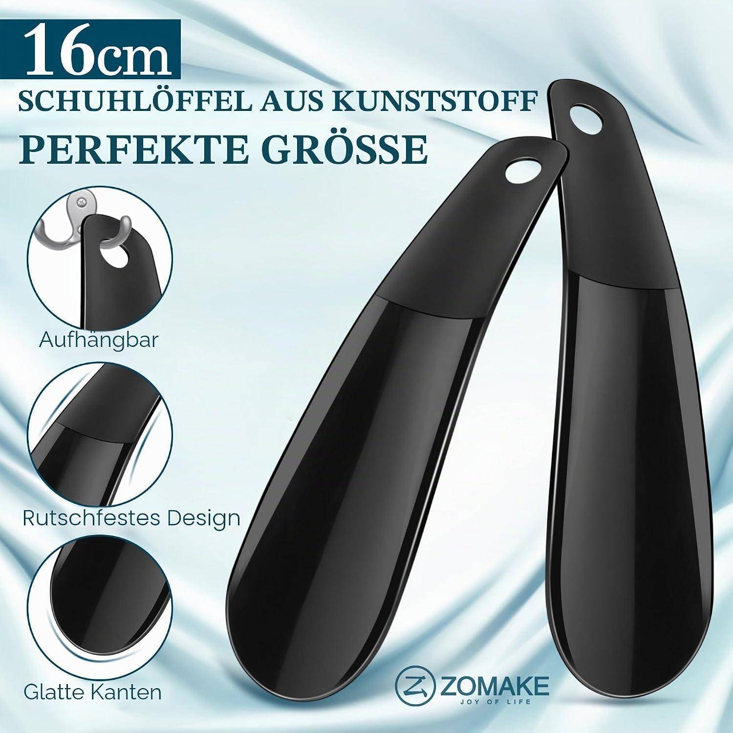 Produktanzeige für einen 16 cm Kunststoff-Schuhlöffel in Schwarz, zeigt zwei Schuhlöffel und Funktionsmerkmale: aufhängbar, rutschfestes Design, glatte Kanten.