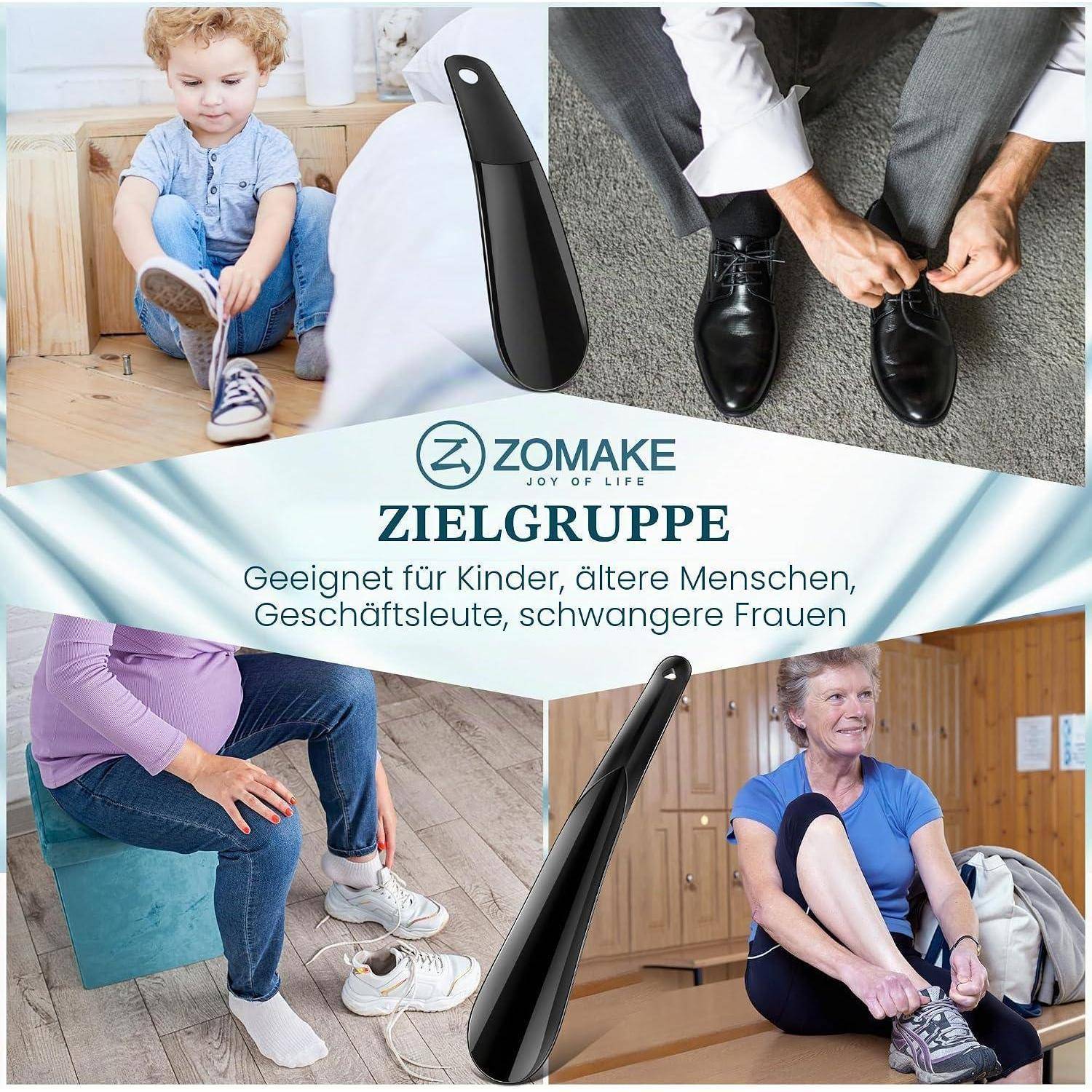 Werbekollage für ZOMAKE Schuhlöffel, die Kinder, ältere Erwachsene, Geschäftsleute und schwangere Frauen zeigt, die ihn verwenden; deutscher Text sagt 