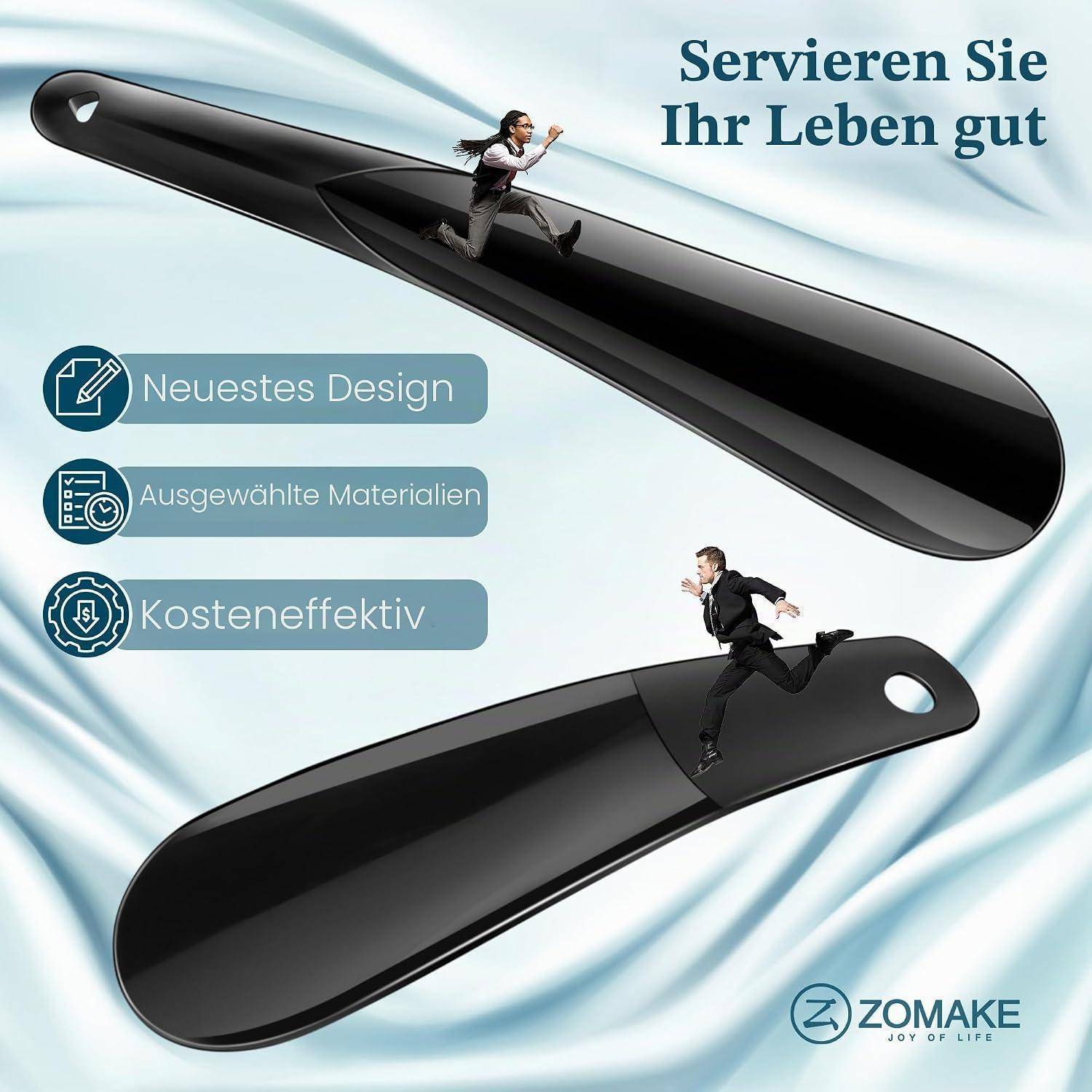 Angebot für ZOMAKE Taschenmesser/Etui mit zwei schwarzen klingenförmigen Produkten und laufenden Geschäftsmenschen, mit deutschem Text: 'Servieren Sie Ihr Leben gut', 'Neuestes Design', 'Ausgewählte Materialien', 'Kosteneffektiv