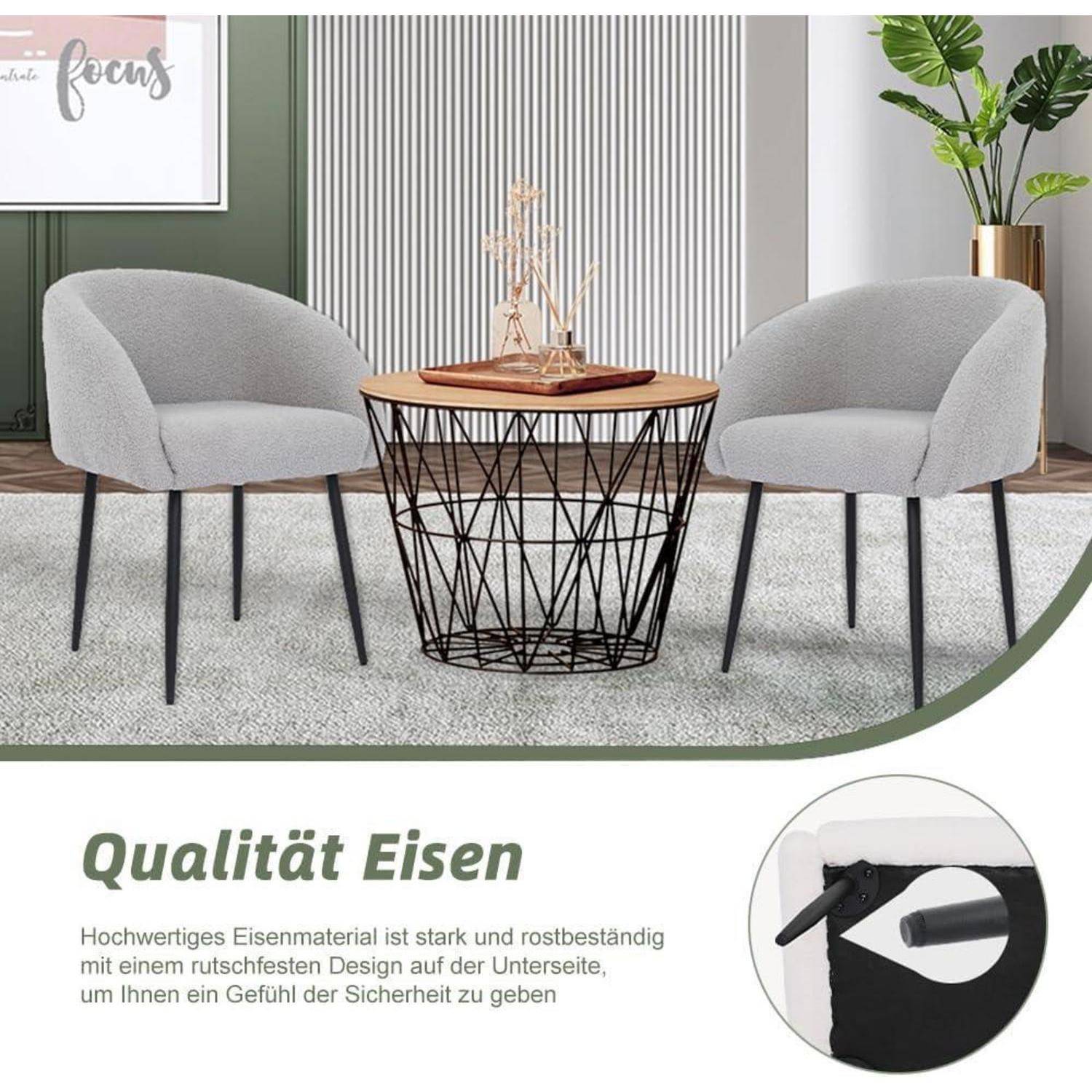 Zwei grau gepolsterte Stühle und ein runder Couchtisch mit Drahtgestell in einem modernen Wohnzimmer; deutscher Text hebt 