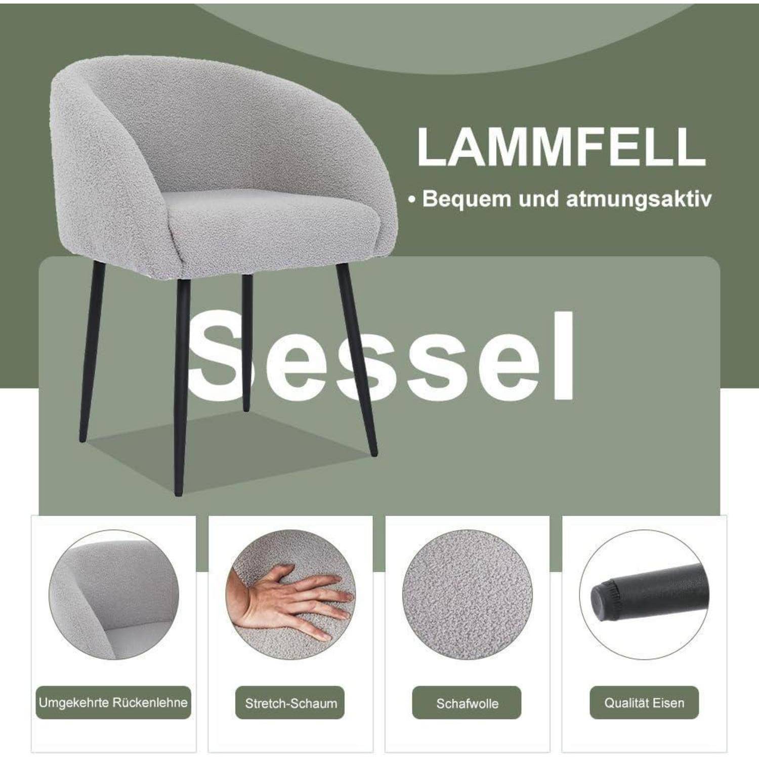 Mingone Sessel 2er Set Lammwolle Polsterstuhl mit Armlehnen Hellgrau Metallbeine