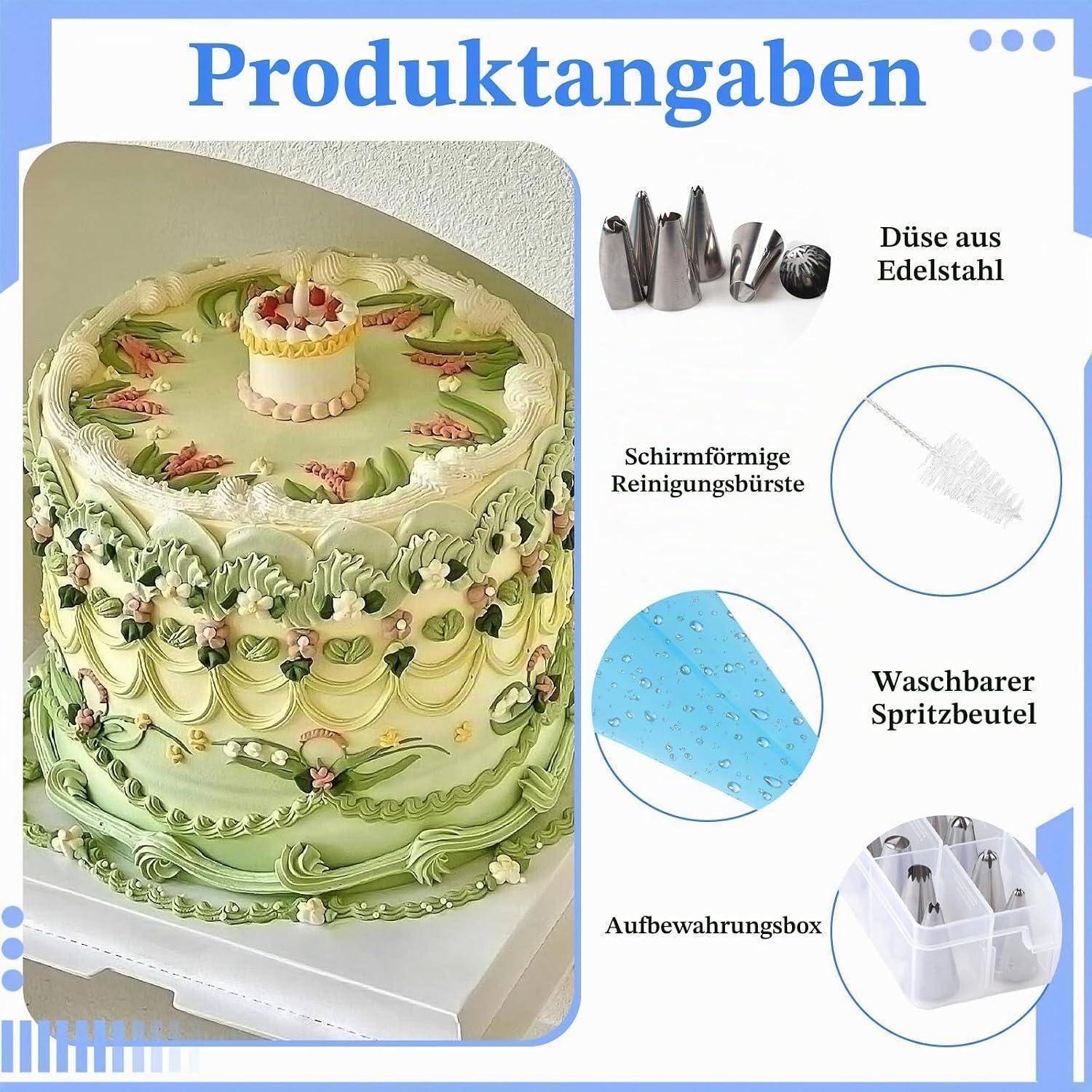 Produktinhalte gezeigt: Dekorierte Torte und enthaltene Backwerkzeuge mit deutscher Beschriftung—Edelstahl-Spritzbeutel-Aufsätze, eine kegelförmige Reinigungsbürste, wiederverwendbarer Spritzbeutel und Aufbewahrungsbox.