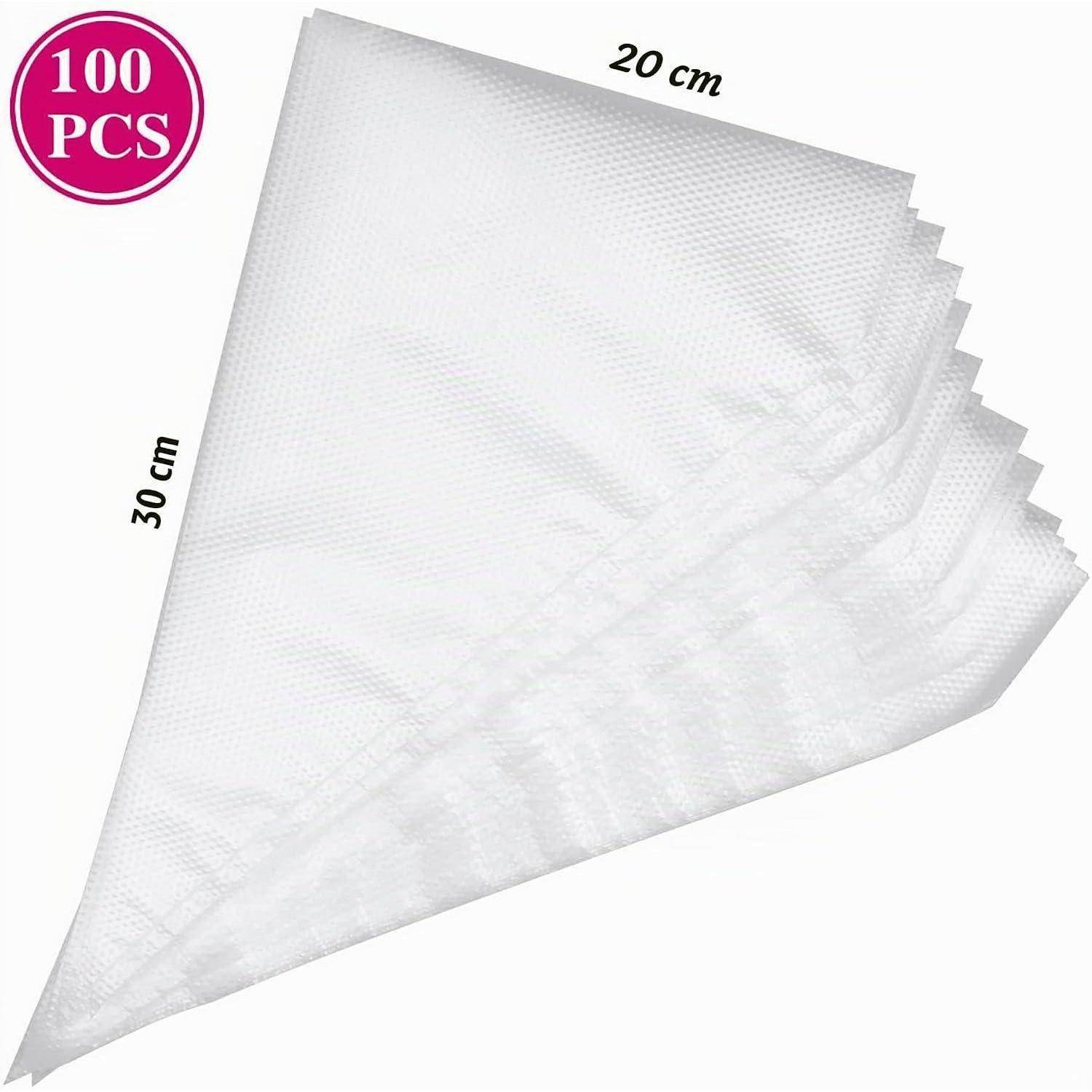 Packung mit 100 weißen Einweg-Spritzbeuteln, dreieckig geformt, gekennzeichnet mit 20 cm x 30 cm.