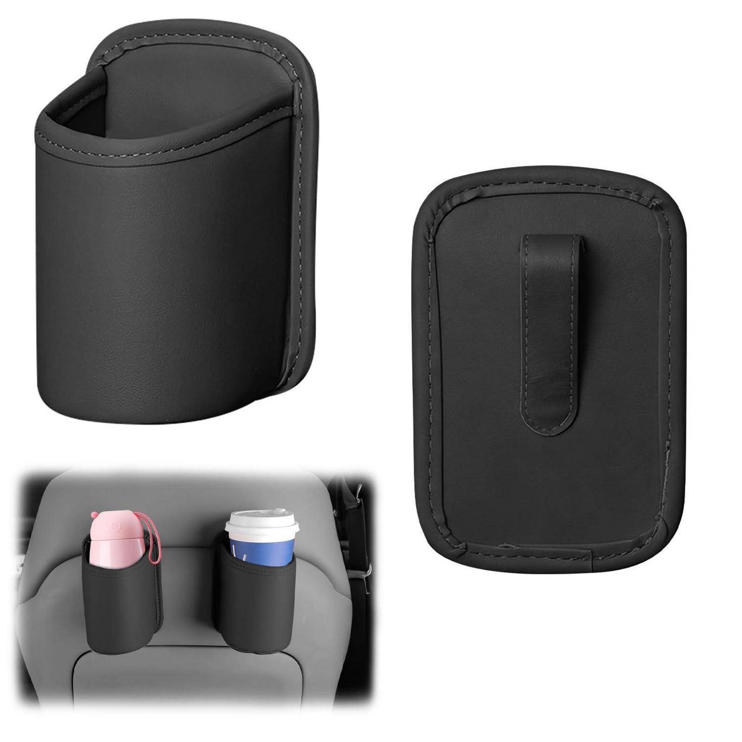 Schwarze Leder-Autositz-Getränkehalter-Tasche mit Clip-Rückseite, gezeigt mit gehaltenen Flaschen auf einem Fahrzeugsitz.