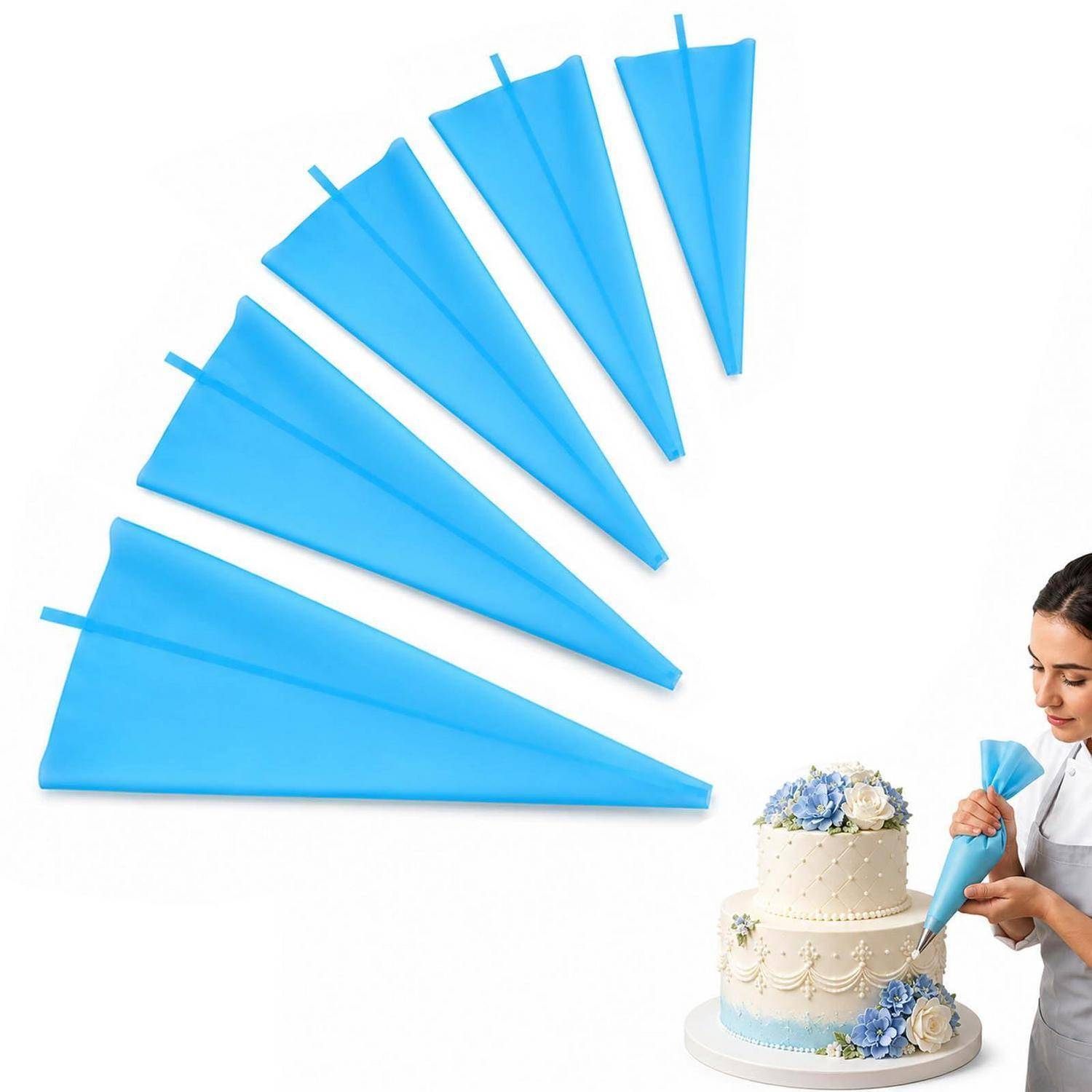 Konditormeister verziert eine weiße Hochzeitstorte mit einer blauen Spritztüte neben einer Auswahl blauer Eistüten auf weißem Hintergrund.