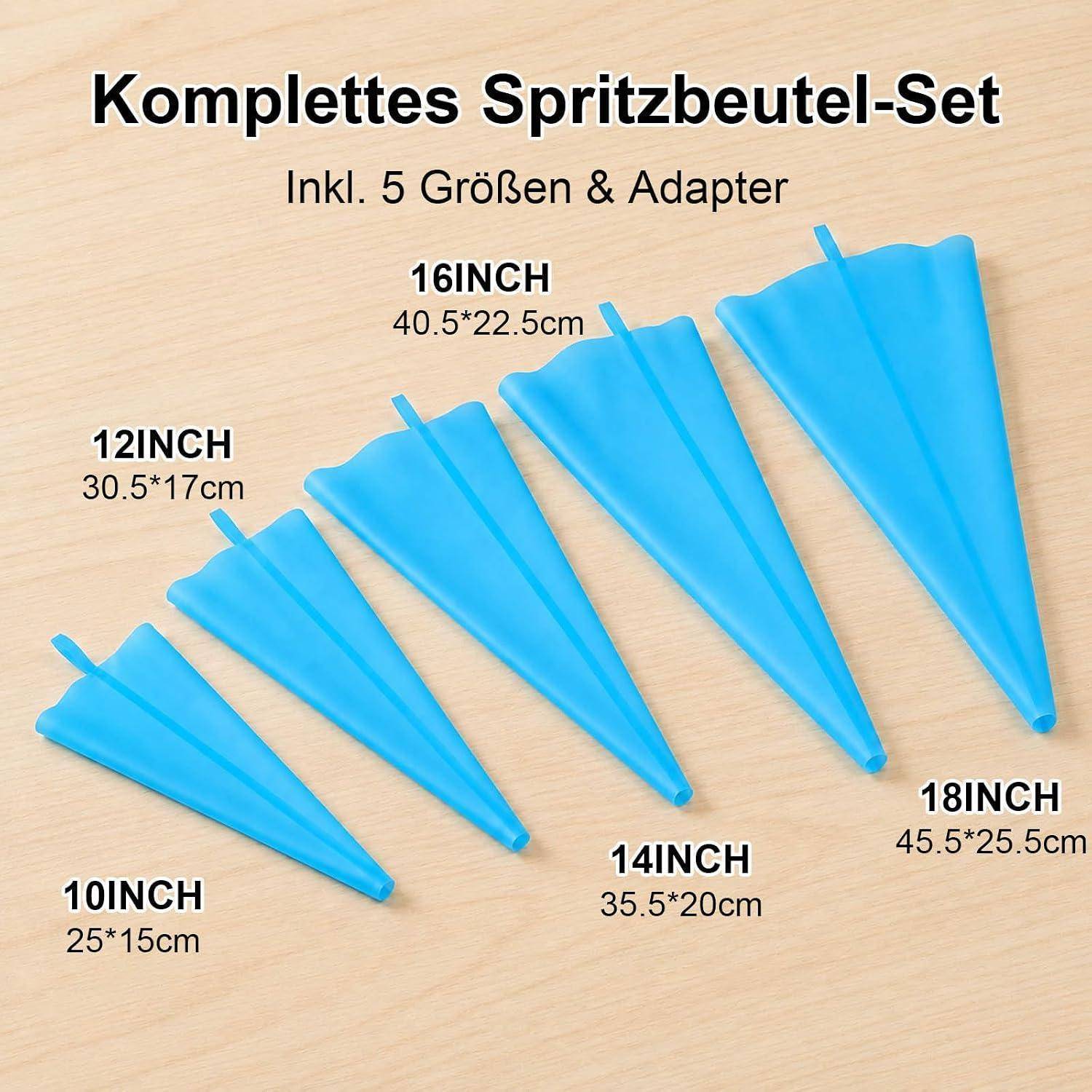Infografik eines kompletten Spritzbeutel-Sets mit 5 Größen und Adaptern, zeigt blaue Einwegbeutel mit den Bezeichnungen 10, 12, 14, 16 und 18 Zoll mit Abmessungen.