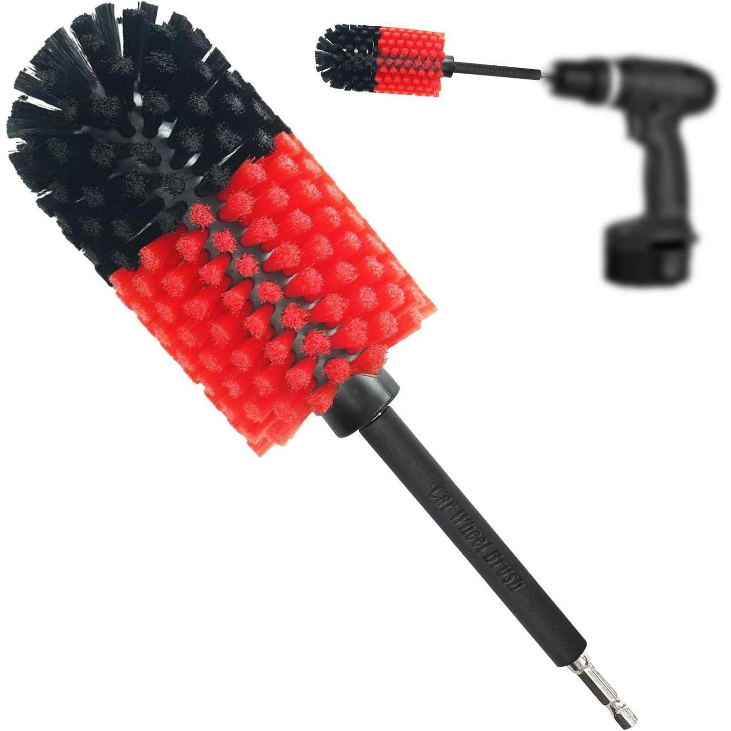 Rot-schwarze bohrergesteuerte Bürstenaufsatz mit zylindrischem Bürstenkopf und Adapter auf weißem Hintergrund gezeigt.