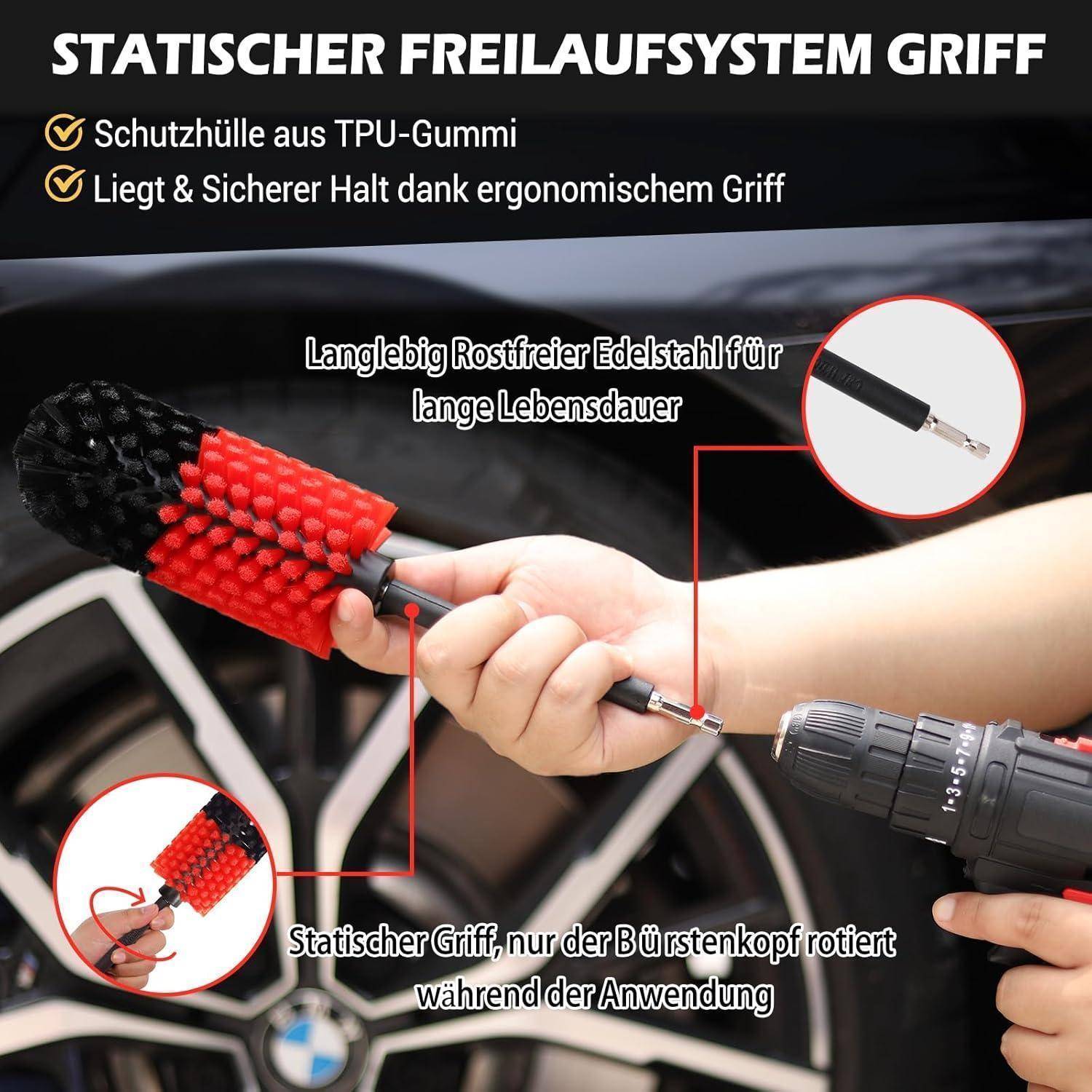 Hand hält einen Bohrer mit einer statischen Bürstengriff-Befestigung; Beschriftungen heben den TPU-Gummischutz, die Haltbarkeit aus rostfreiem Stahl und den nur rotierenden Bürstenkopf hervor.
