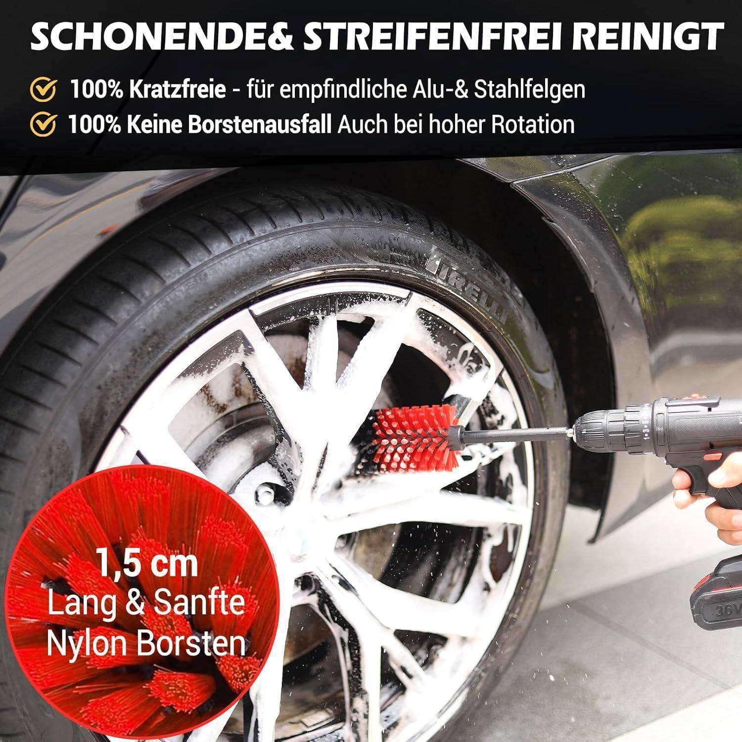 Werbebild einer bohrgetriebenen roten Nylonbürste, die eine Autofälgrimm mit Schaum reinigt; deutscher Text sagt 'Schonende & streifenfrei reinigt', '100% Kratzfreie', und '1,5 cm Lang & Sanfte Nylonborsten'.