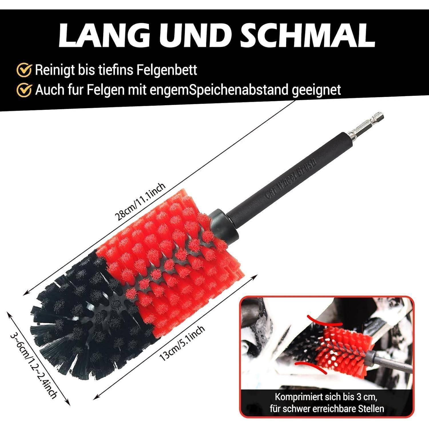 Produktgrafik einer langen, schmalen Radbürste mit der Bezeichnung „LANG UND SCHMAL"; sie reinigt tief in Felgen und passt in enge Speichenlücken, mit Größenangaben und einer Nahaufnahme der komprimierten Reichweite.