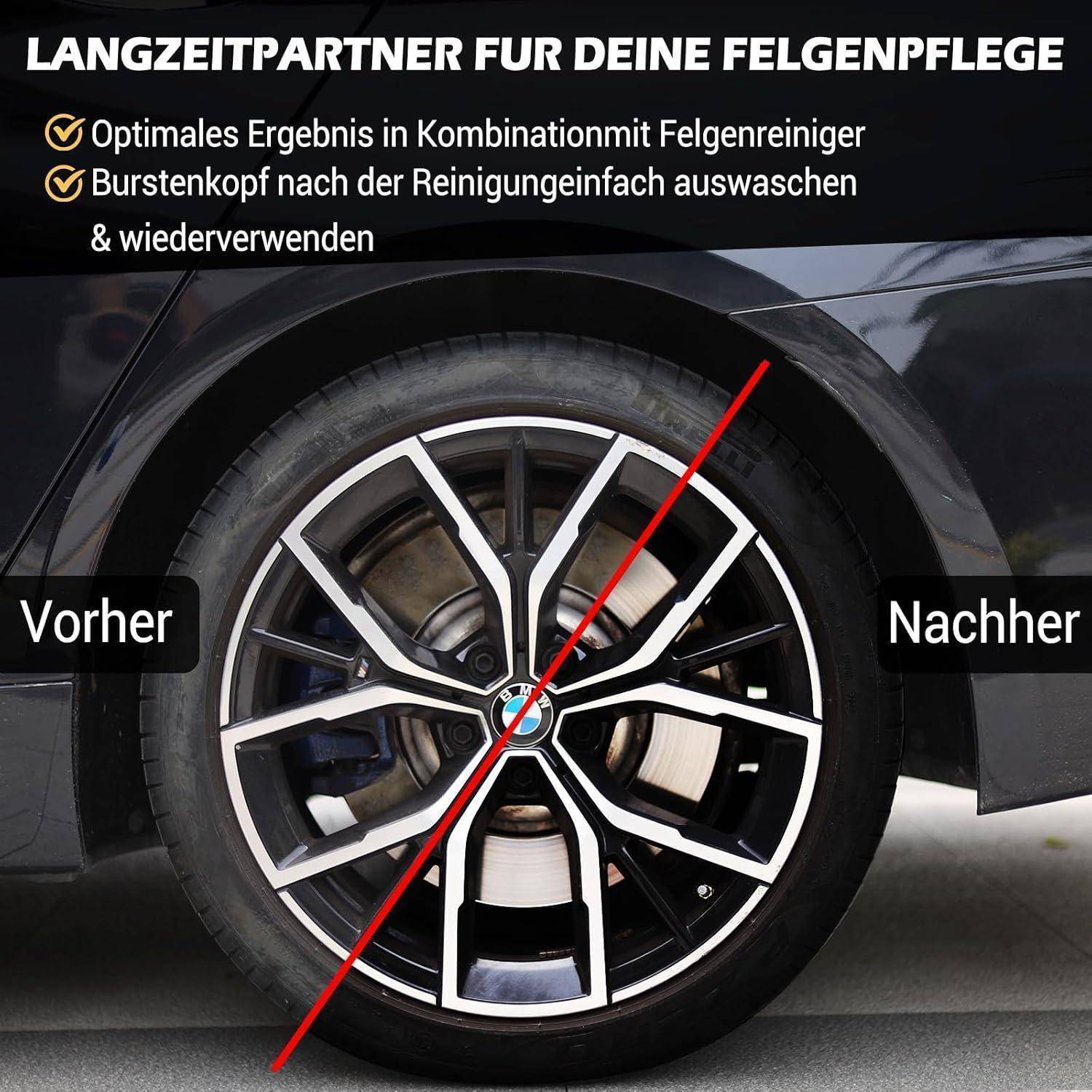 Vergleich der Reinigung von Autoreifen mit Beschriftungen „Vorher" und „Nachher"", der einen langfristigen Radpflegepartner bewirbt und die Wiederverwendung nach dem Ausspülen zeigt, wobei eine sauberere Felge nach der Behandlung zu sehen ist.