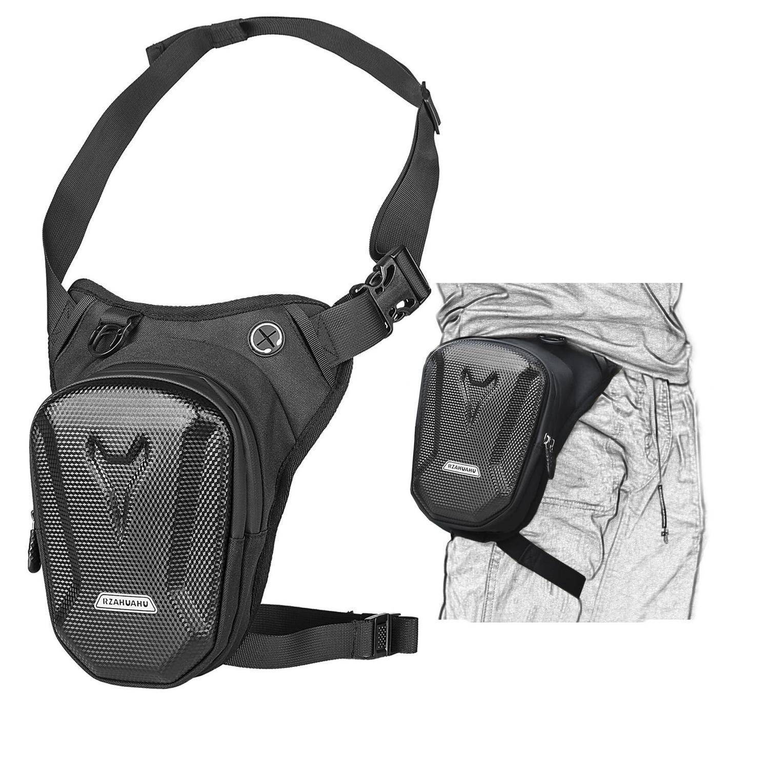 Schwarze taktische Oberschenkeltasche mit verstellbaren Hüft- und Beingurten, getragen an Hüfte und Oberschenkel einer Person für freihändige Aufbewahrung.