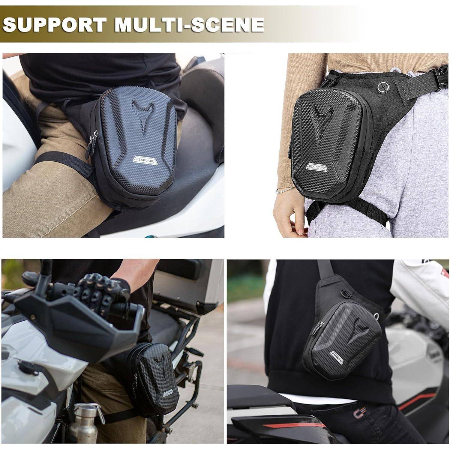 Collage mit dem Titel „UNTERSTÜTZUNG MULTI-SZENE" zeigt eine kompakte schwarze Gürteltasche, die in mehreren Fahrsituationen verwendet wird, um die Hüfte und das Bein getragen oder auf einem Motorrad montiert.