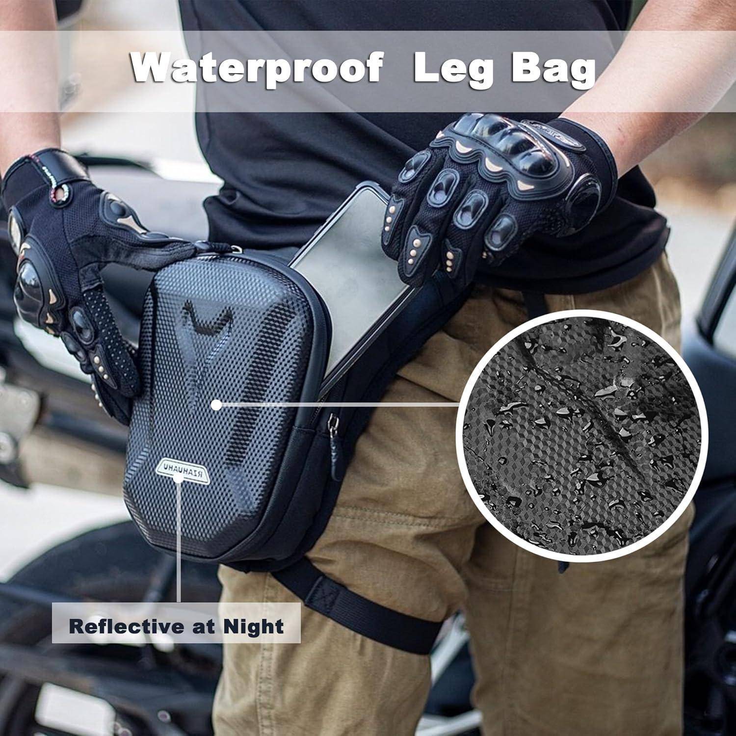 Person trägt eine wasserdichte Oberschenkeltasche, die am Oberschenkel befestigt ist, mit behandschuhten Händen gezeigt; die Einführung hebt wasserbeständiges Gewebe und den Text „Nachts reflektierend" hervor.